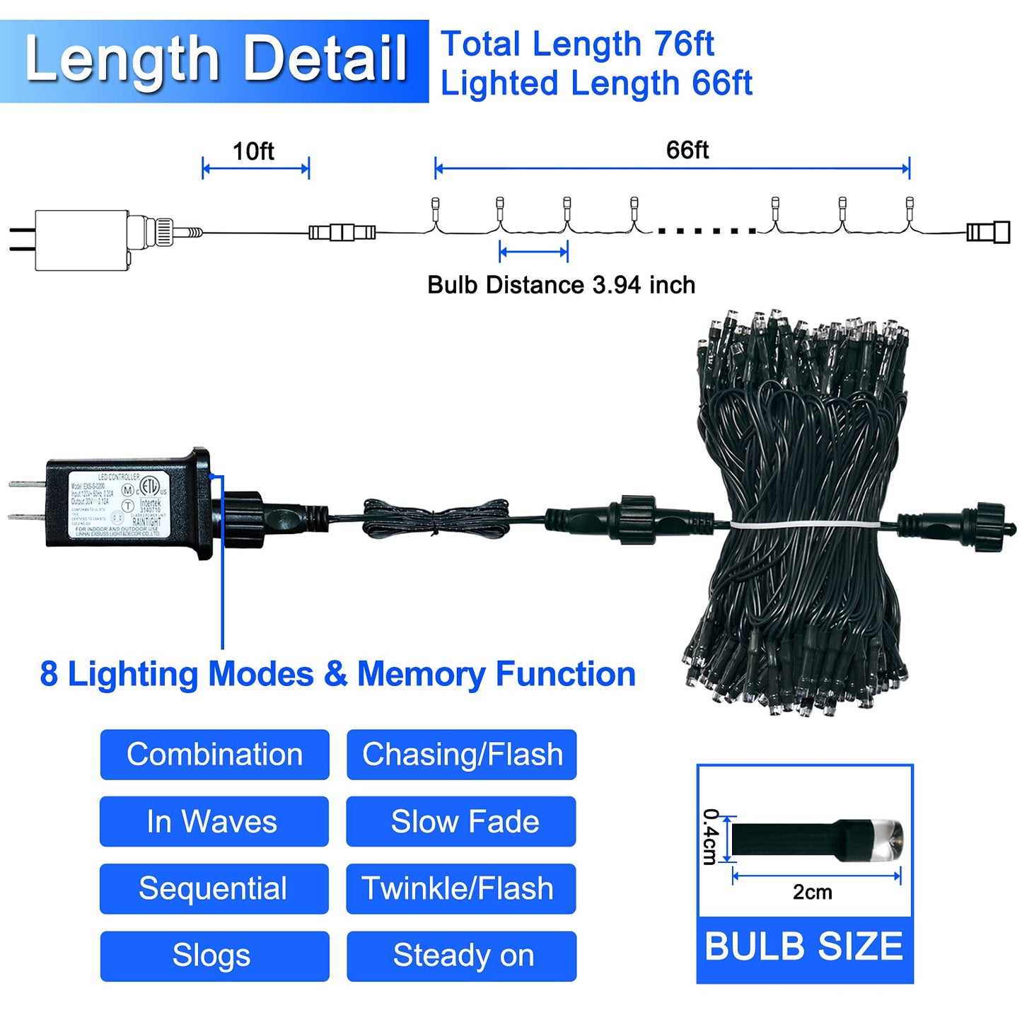 JMEXSUSS 200 LED Blue Christmas Lights Outdoor, Expandable 66ft Blue String Lights Green Wire, 8 Modes Twinkle Xmas Tree Light Plug in for Party Indoor Ceiling Beroom Patio Fence Yard Decor