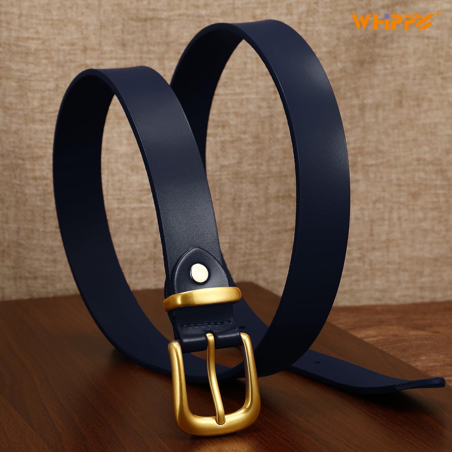 WHIPPY Womens Genuine Leather Belts for Jeans Pants Fashion Vintage Ladies Leather Belt with Gold Buckle, Navy Blue, S