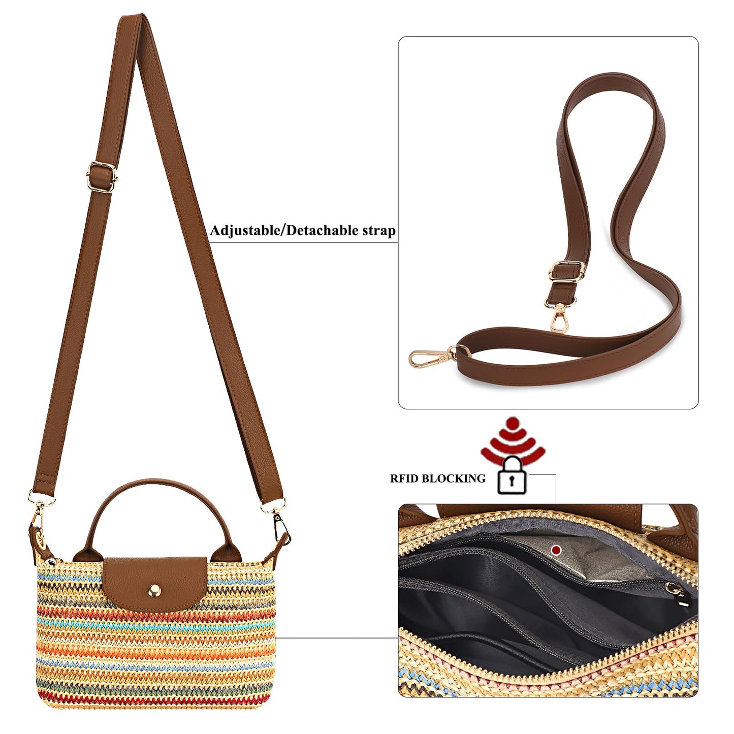 BBORGDC Straw Crossbody Bag for Women, Small Woven Mini Tote Purse, Colorful Striped Summer Beach Shoulder Handbag with Top Handle, RFID, Lightweight Travel Daily Bag