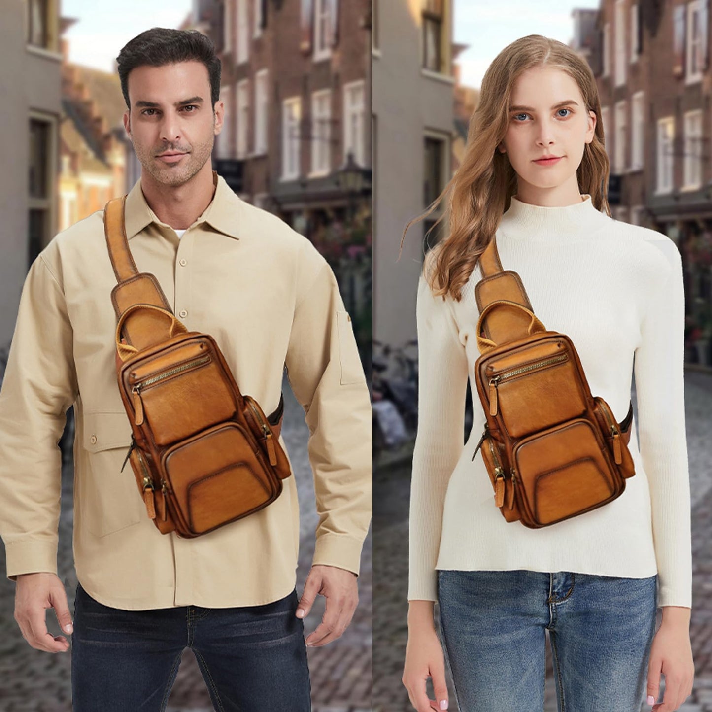 LRTO Genuine Leather Sling Bag for Men and Women Vintage Leather Sling Backpack Purse Chest Bag Over Shoulder Crossbody Bag (Brown)