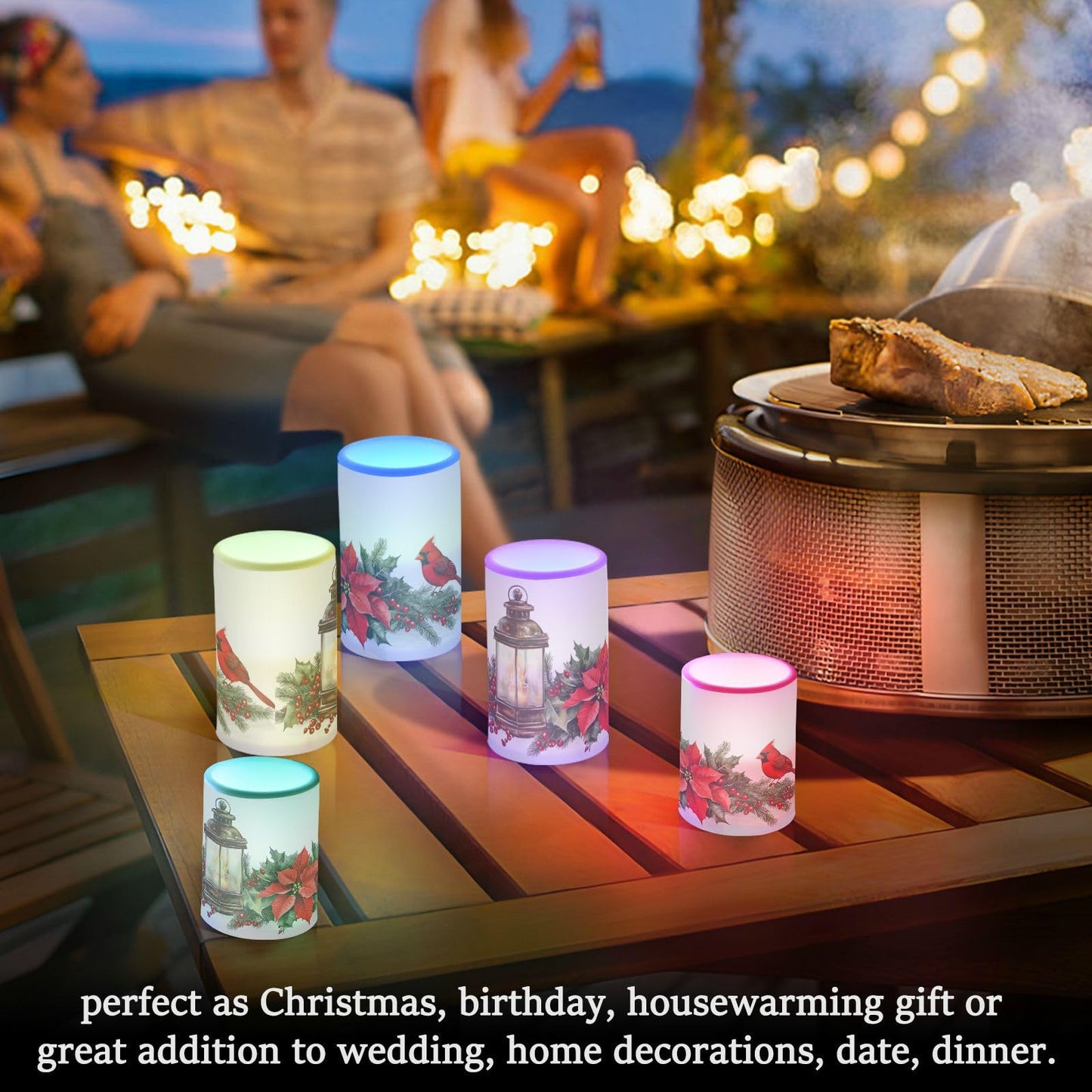 ALAZA Christmas Lantern Red Bird Poinsettia Flowers Flickering Flameless Candles Battery Operated with Remote Timer,Tea Light Candles LED Pillar Votive Candles Set of 2 for Outdoor Indoor Decorations