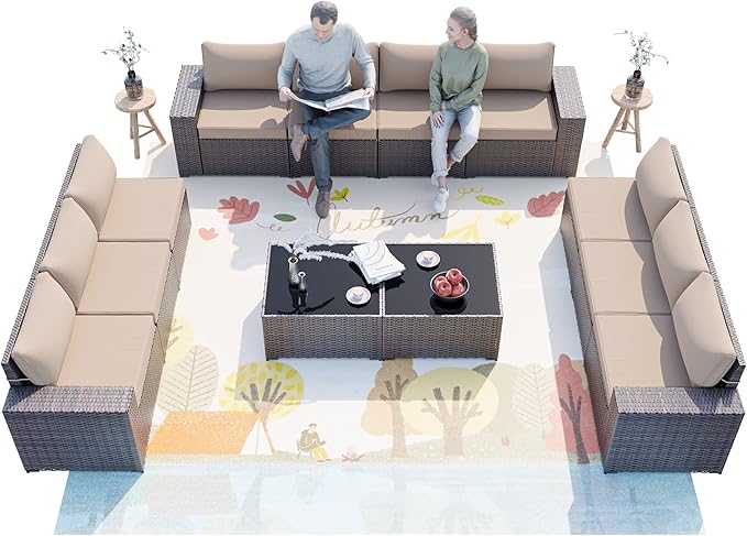 ALAULM 12 Pieces Outdoor Patio Furniture Set Sectional Sofa Sets Brown PE Rattan Patio Conversation Set w/10 Sand Seat Cushions and 2 Coffee Tables