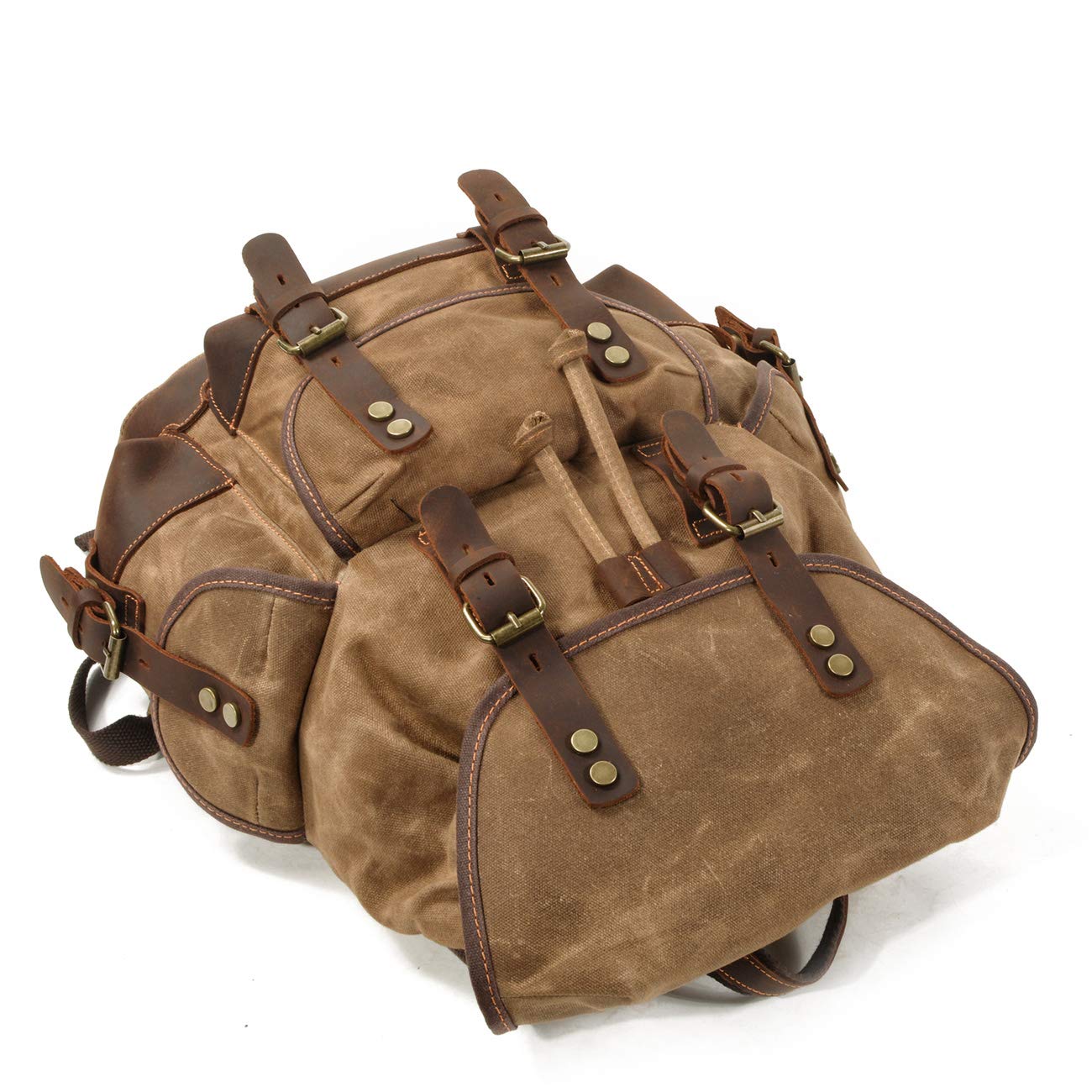 WUDON Men Travel Backpack, Genuine Leather-Waxed Canvas Shoulder Hiking Rucksack (Khaki)
