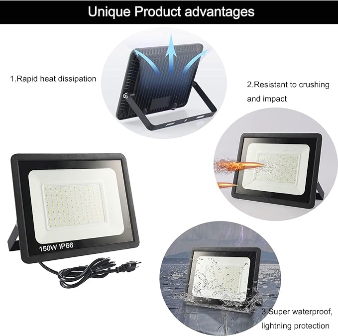 2Pack-150W LED Flood Light Outdoor,15500LM LED Work Light with US Plug,6000K Daylight White,IP67 Waterproof Outdoor Floodlights for Yard,Garden,Playground