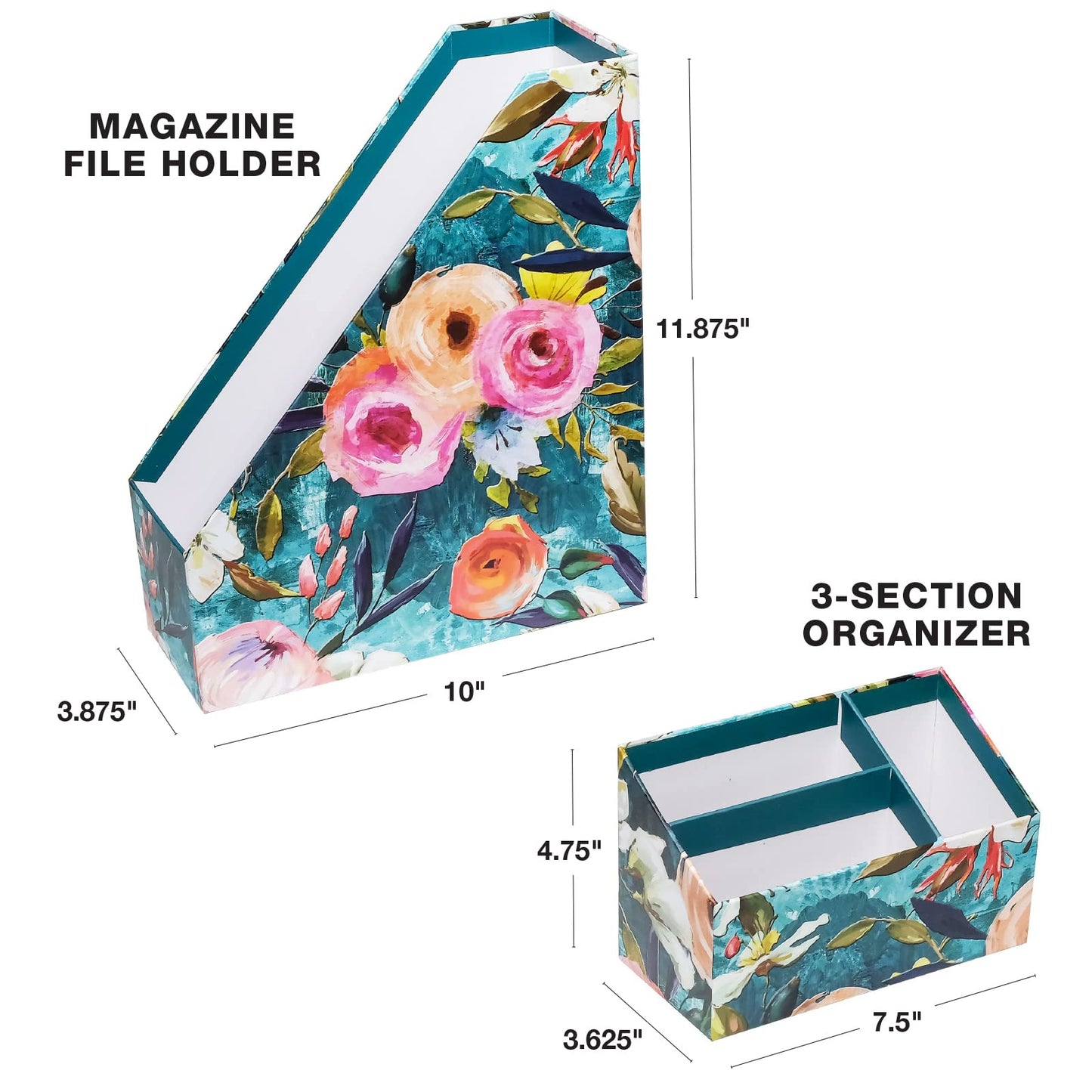 Global Printed Products Designer Printed Desk Organizer Set, Includes Letter Tray, Folder Stand, 3-Section Organizer, Pen Holder - Floral
