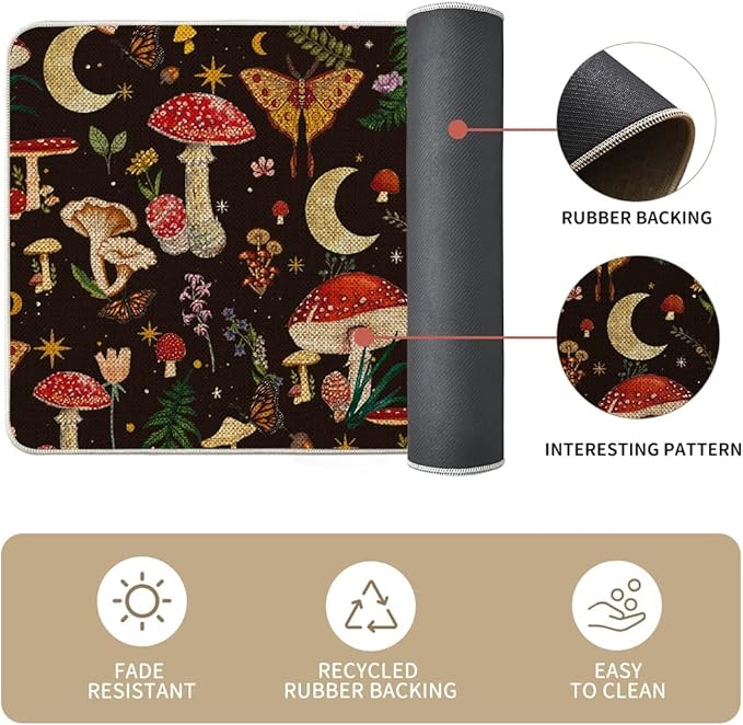 Artoid Mode Black Mushrooms Butterfly Spring Kitchen Mats Set of 3, Home Decor Low-Profile Kitchen Rugs for Floor - 17"x29"+17"x36"+17"x47"
