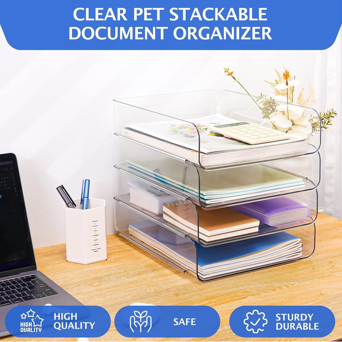 LALOBLUE Stackable Letter Tray Desk Organizer, Set of 4 Clear PET Paper & File Organizers, Document Storage for Office Supplies