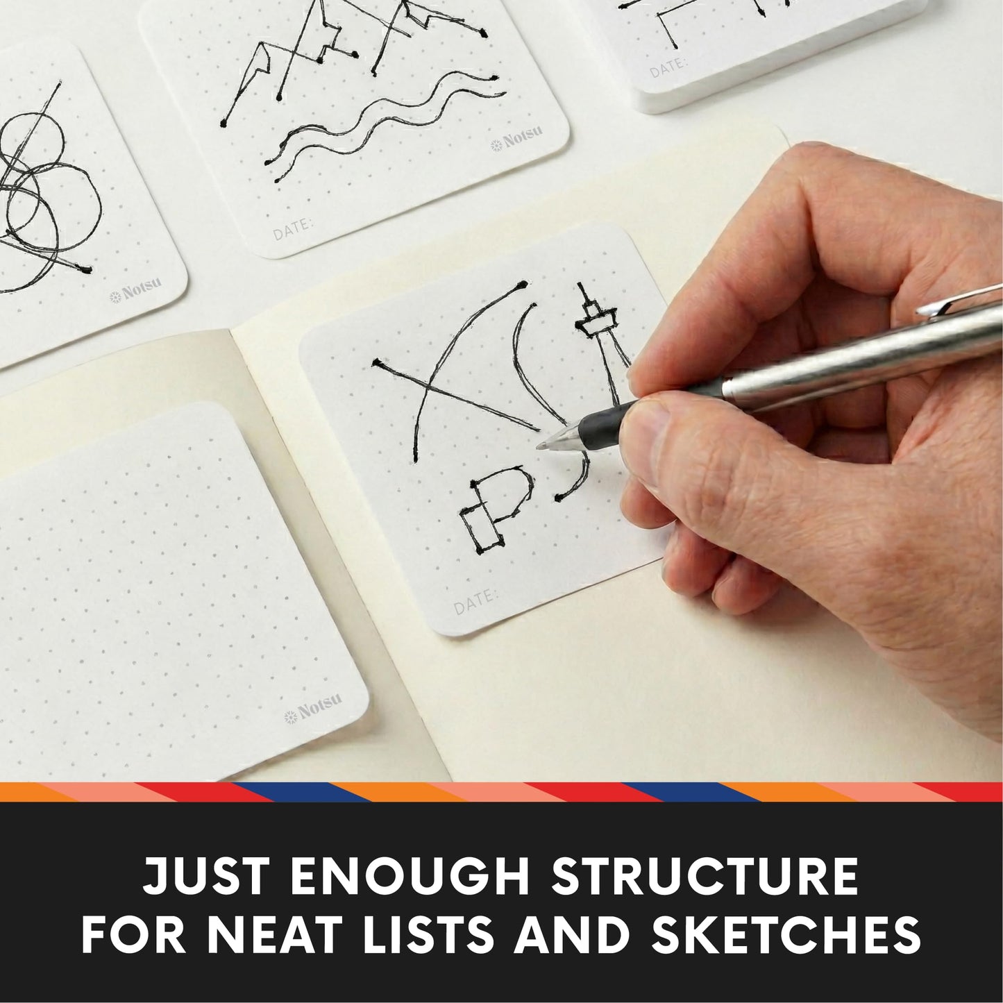 Notsu Dot Grid Sticky Notes 4pk | Premium Thick Paper 120gsm | Dotted Memo Pads with Date, 3" x 3"