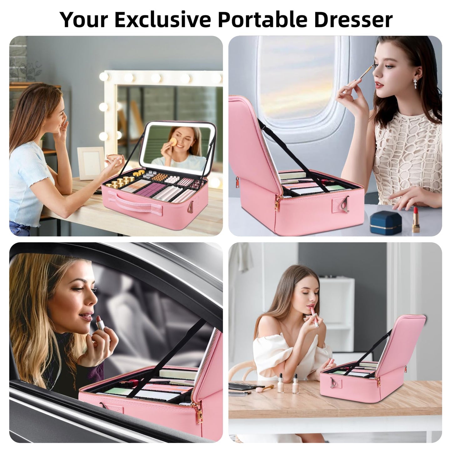 Upgraded Large Travel Makeup Bag with LED Mirror, 15” Professional Makeup Case with 3 Color Modes Dimming Lighted Mirror, Light up Cosmetic Make up Organizer with PU Leather Cover, Adjustable Dividers