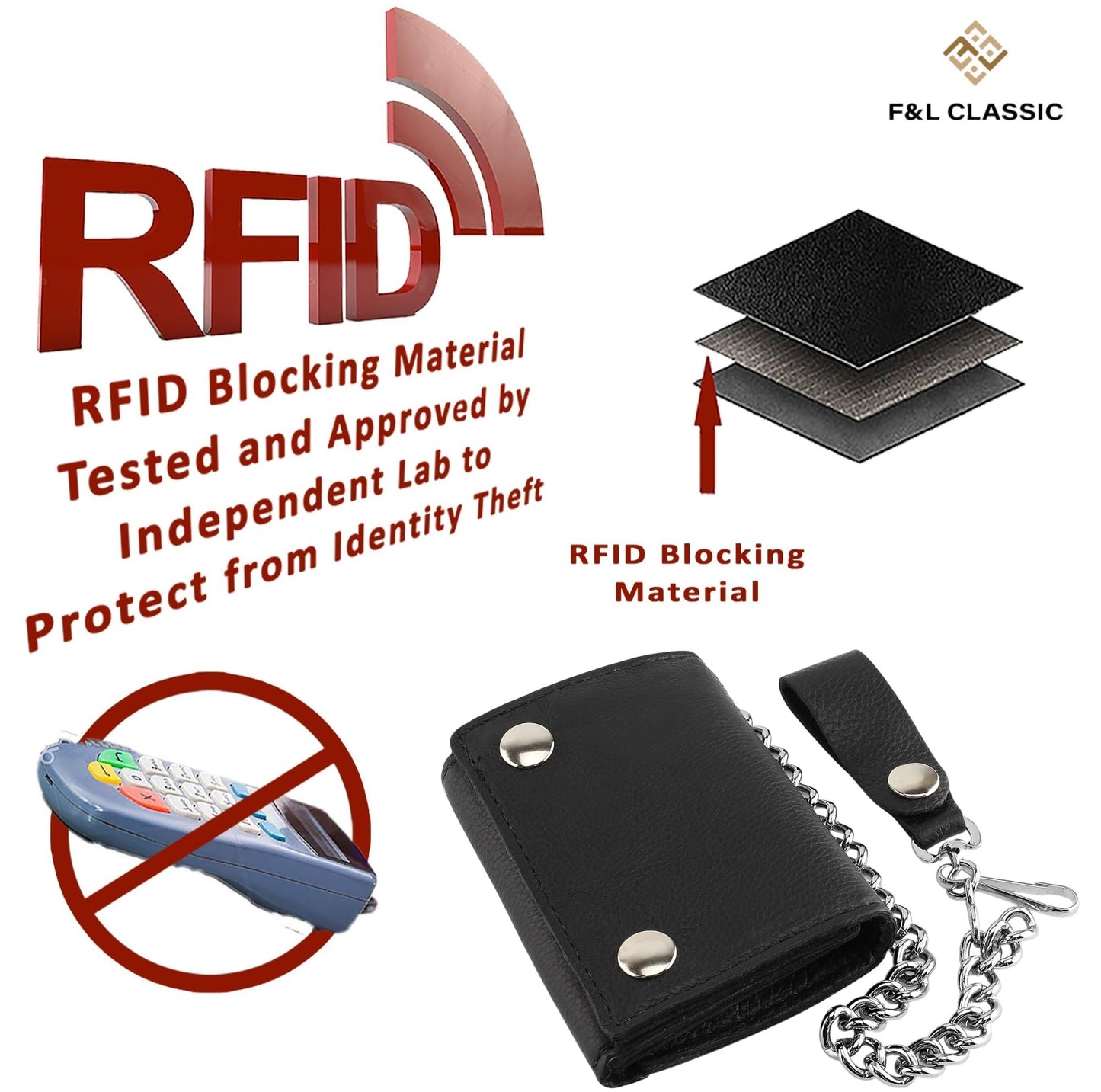 RFID Blocking Men's Tri-fold Vintage Biker Cowhide Leather Steel Chain Wallet,Snap closure, Made In USA,GL315,black
