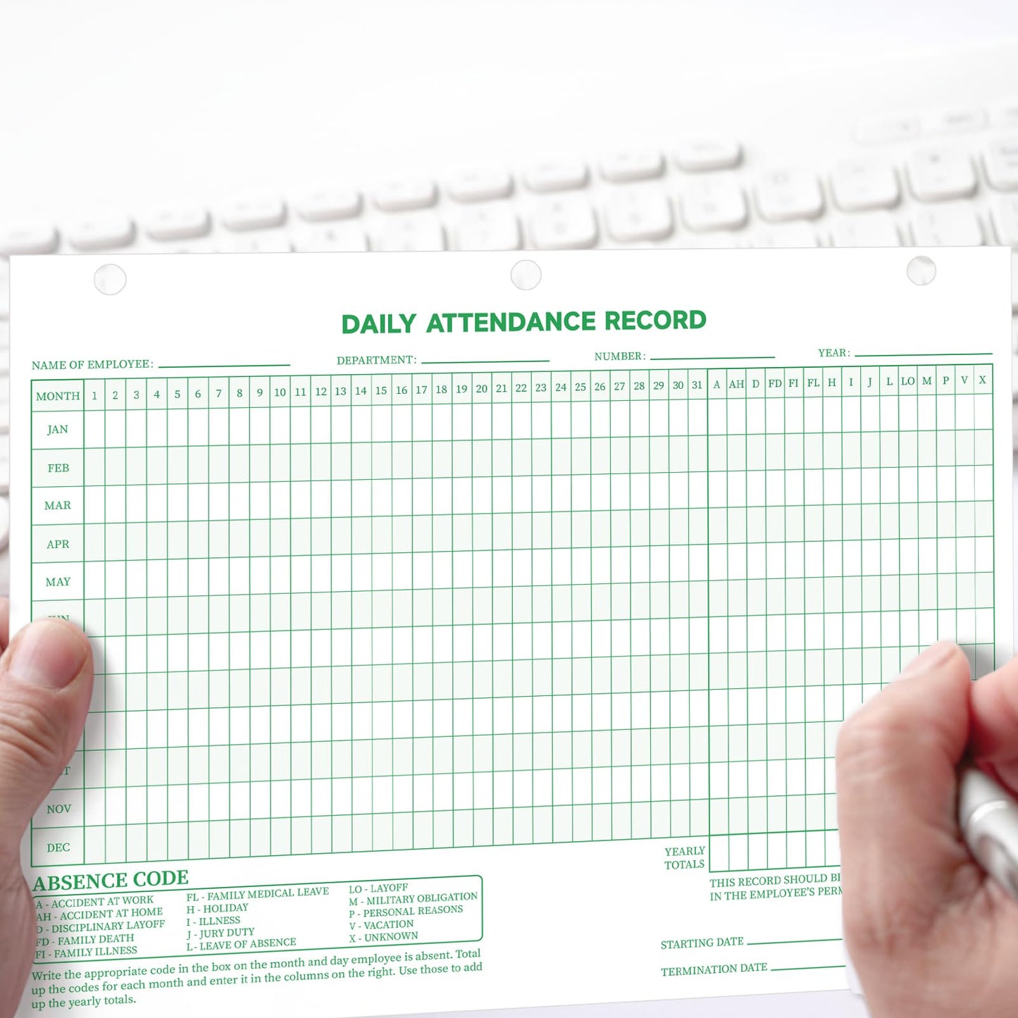 LemonSecret 100 Pcs Daily Attendance Card, Attendance Record Book Tracker 8.5 x 11 Inch, 2026 Daily Calendar Cards 3 Hole Employee Work Books Employee History Record Green Letter Size