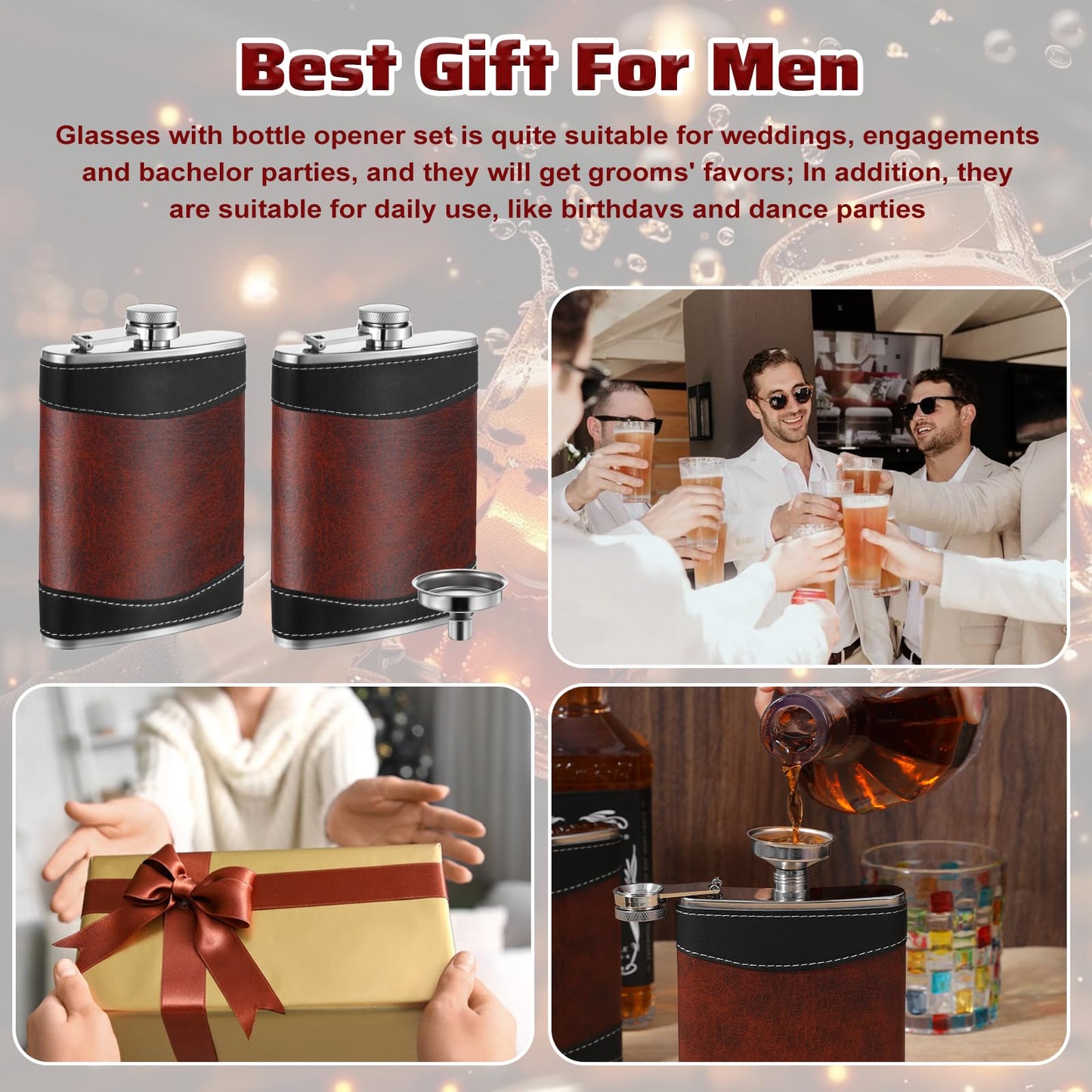 PercyEffie 6 Pcs Liquor Flask, Hip Flasks 8 oz Metal Flask with Funnel, Leak Proof Pocket Flask in Dark Brown Leather Strap Design for Men Women (3.7 x 5.5 Inches)