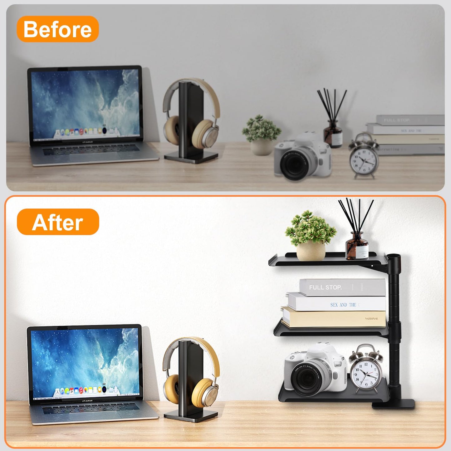 FBOAZI 3 Tier Clamp On Desk Shelf,360° Rotatable Adjustable Above or Under Desktop Organizer,Carbon Steel Storage Tray for Home Office and Gaming Accessories(Black)