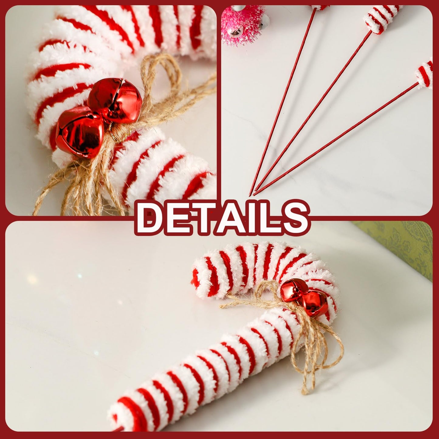 ZHANYIGY 6Pcs Christmas Tree Decorations Picks,Red White Woolen Candy Picks 14 Inch Xmas Tree Topper Ornaments for Christmas Wreath DIY Craft Home Vase Filler Party Supplies