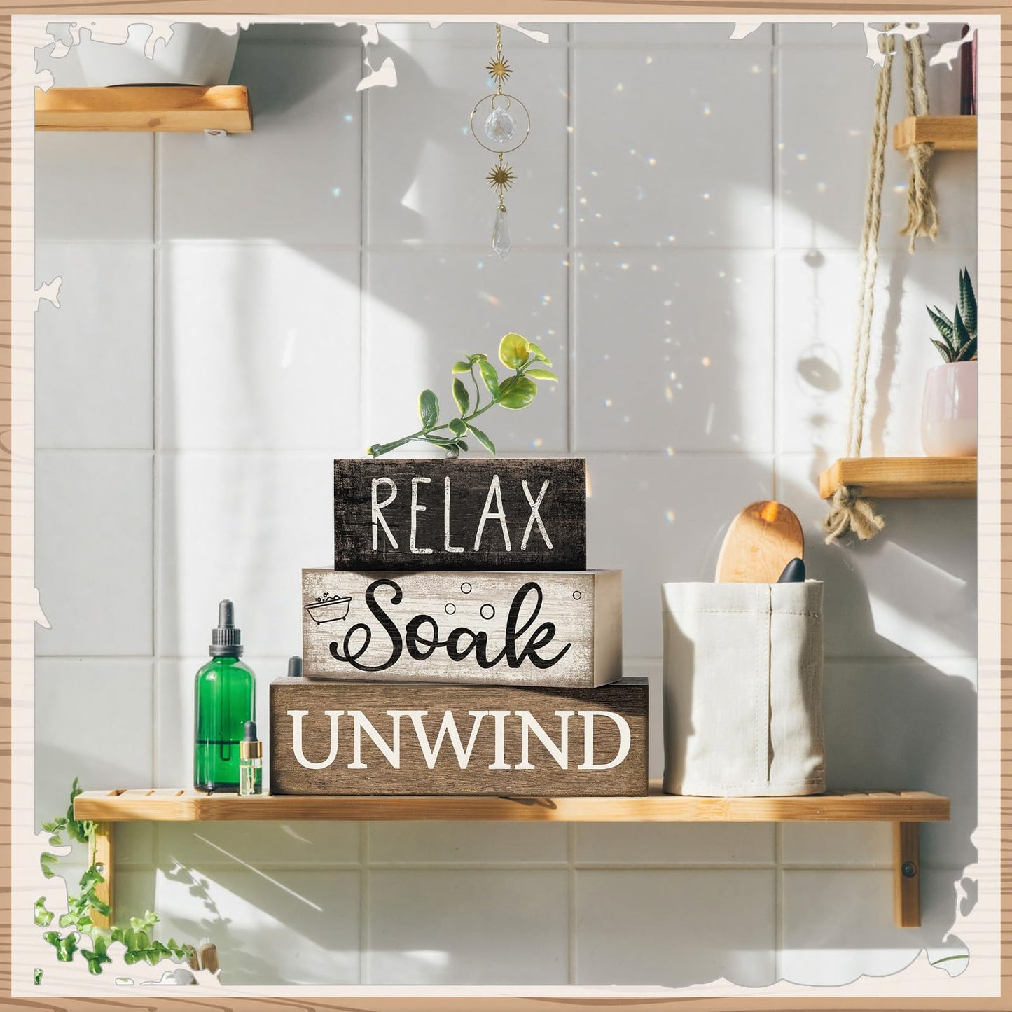 Moucuny 4 Pcs Bathroom Shelf Decor Sign Farmhouse Bathroom Decor and Accessories Rustic Eucalyptus Leaves Wood Block Sign Gift Relax Soak Unwind Farmhouse Table Centerpiece for Home Toilet