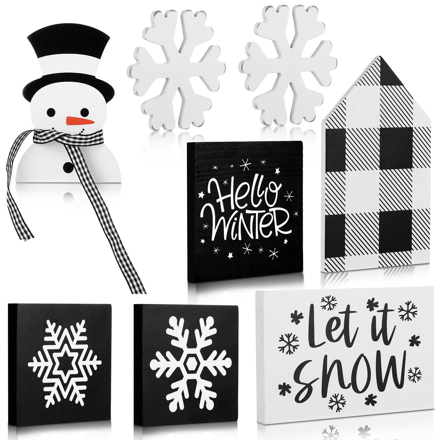 Sawysine 8 Pieces Winter Tiered Tray Decor, Let It Snow Sign Decor Farmhouse Snowflake Wooden Signs for Holiday Shelf Kitchen Coffee Bar(Black, White)