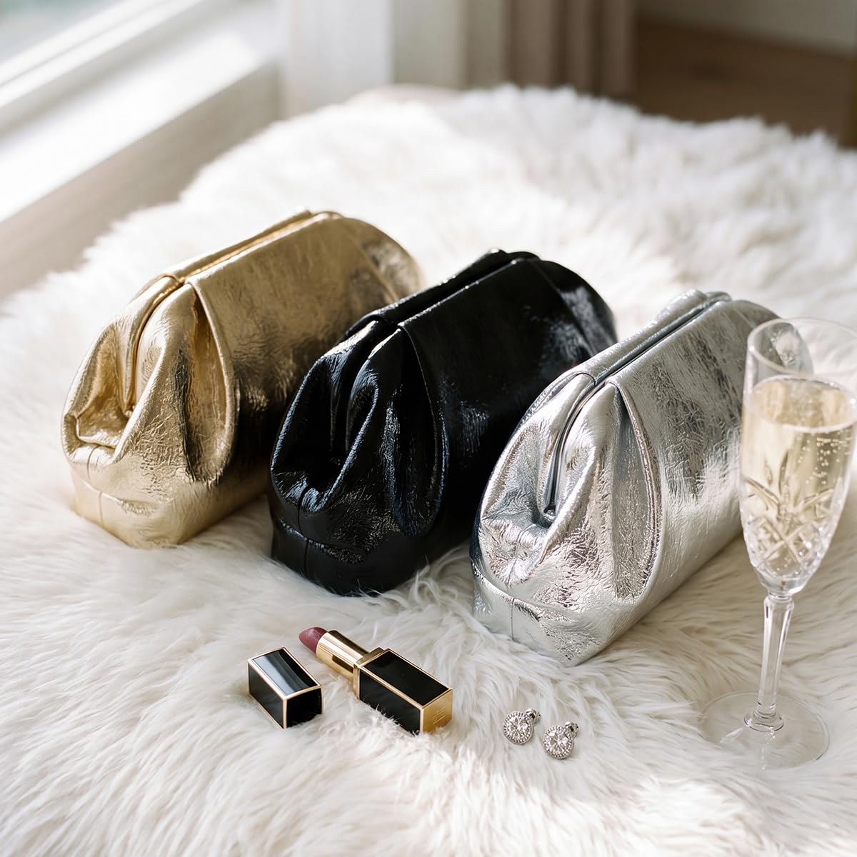 MXCMXC Elegant Evening Purse Cloud Pouch Bag for Women, Metallic Leather Ruched Clutch Dumpling Handbag for Wedding Party (Silver)