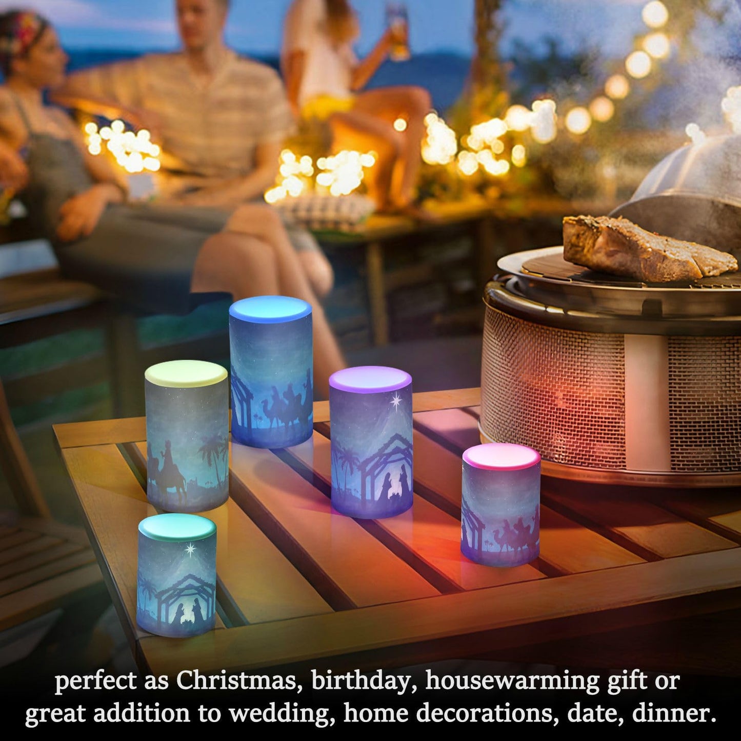 ALAZA Christmas Nativity Scene Blue Flickering Flameless Candles Battery Operated with Remote Timer,Tea Light Candles LED Pillar Votive Candles Set of 2 for Outdoor Indoor Decorations