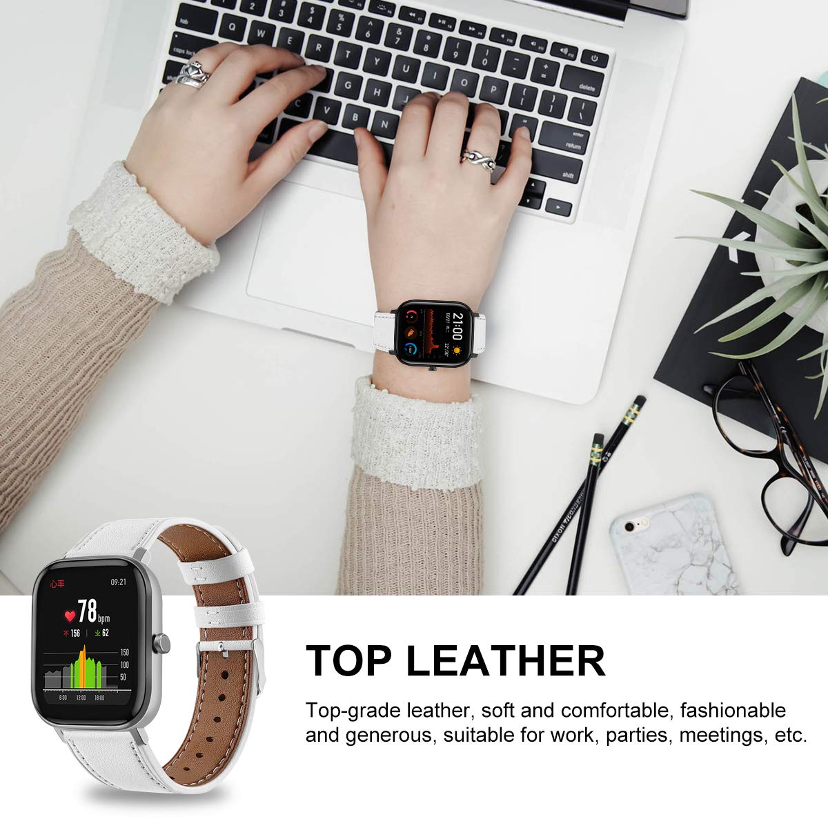 FitTurn Leather Band Compatible with Veryfit IDW13 IDW16 IDW17 IDW19 IDW20 IDW21 IDW23 IDW25 IDW26 IDW28 Smart Watch Genuine Leather Replacement 22MM Sport Wrist Strap Bracelet with Stainless Metal Buckle (Pink,White)