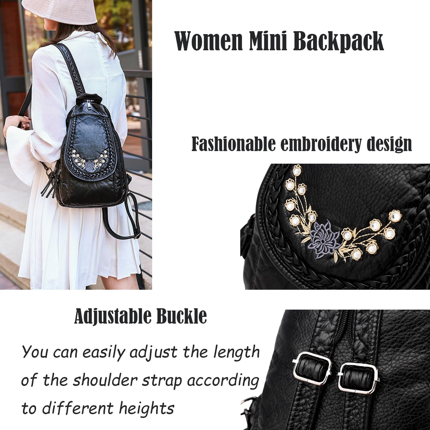 HUAZHIMAO Mini Backpack for Women, Soft Washed PU Leather Small Backpack Purse for Women, Waterproof Fashion Shoulder Bag, Ladies Travel Black Rucksack Handbags Bags with Beautiful Flower Pattern