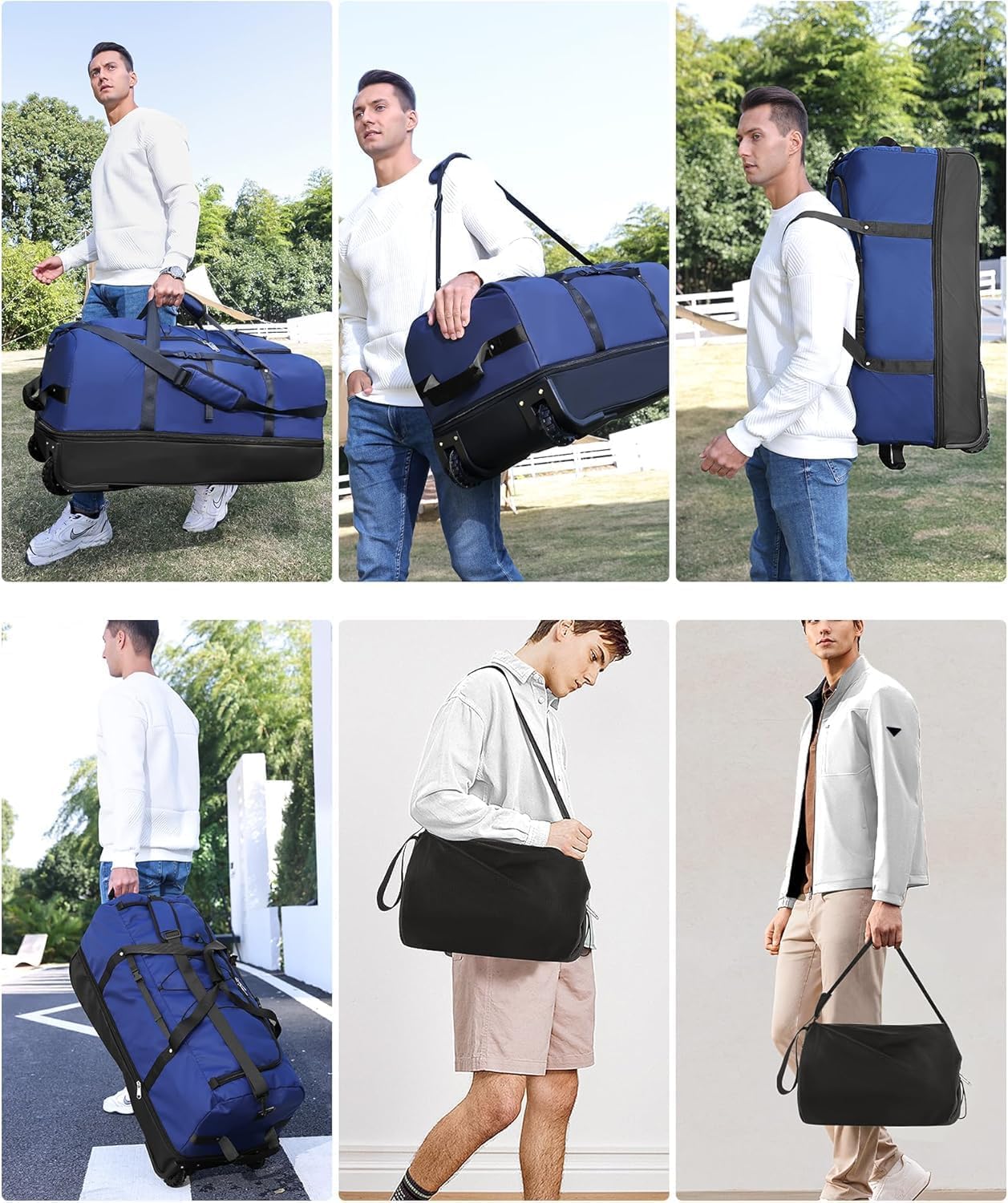XWFB Rolling Duffle Bag with Wheels,110L/140L Expandable Soft-Sided Foldable Duffle Bag with 2 Rubber Wheels,Packable 32” Rolling Carry-On with Multi-Pockets & Compartments (Dark blue)