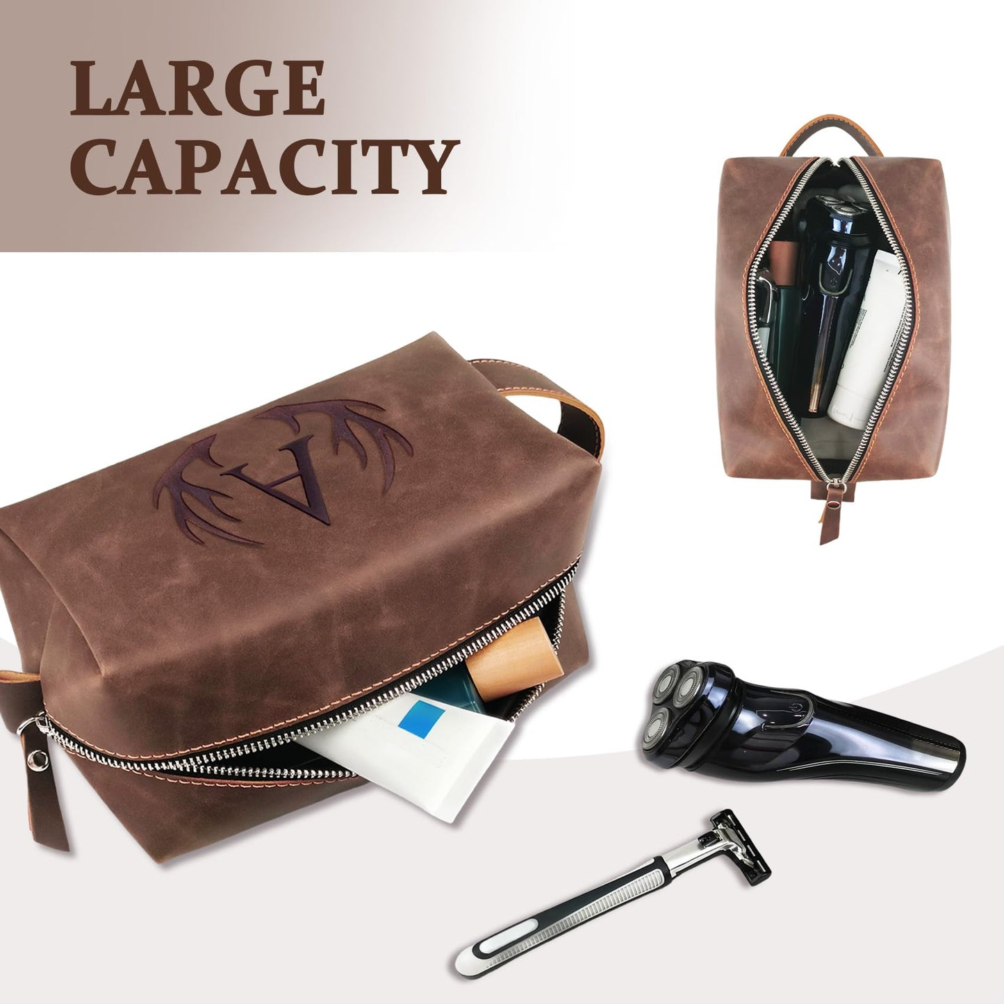 Aganmi Mens Toiletry Bag Personalized Easter Fathers Day Birthday Gifts for Men Him Initial PU Leather Waterproof Shaving Bag for Toiletries Accessories Travel Essential for Dad Husband Boyfriend (M)