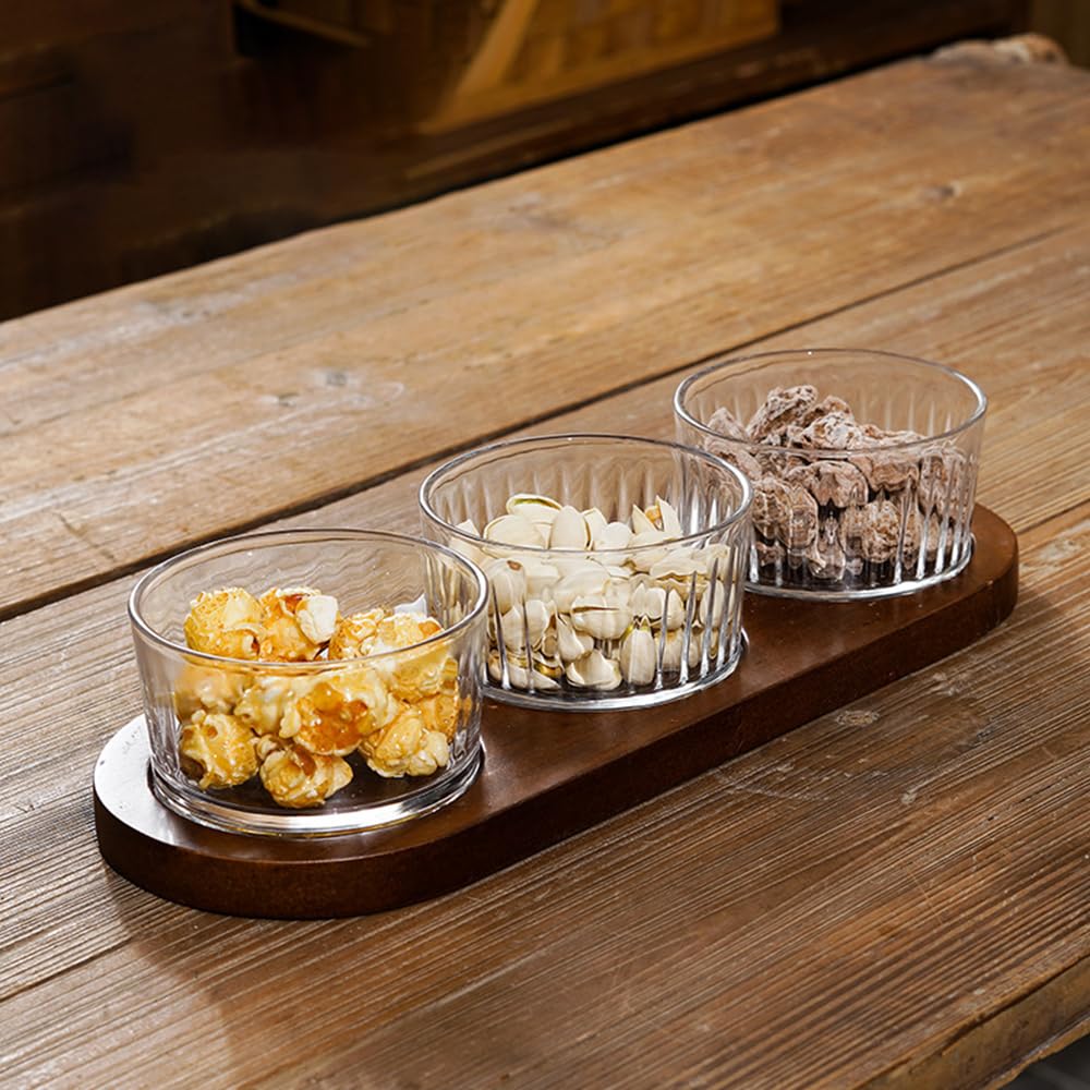 ANQIA Round Glass Snackle Box Container Snack Organizer and Fruit Platter with Acacia Wood Lids and Tray Divided Serving Tray for Nuts Candy Dry Fruits (3 Jars)
