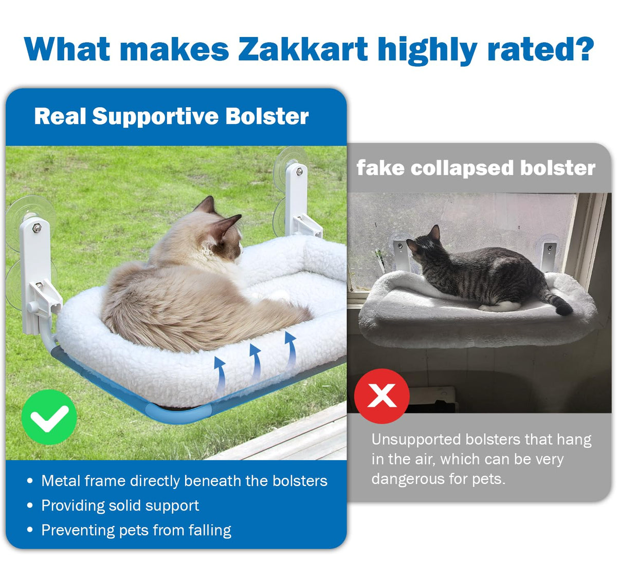 Zakkart Foldable Cat Hammock for Window - Cordless, Embeded Machine Washable Bed, Robust Metal Frame - Cat Window Perch for Large Cats and Kittens (White Bolster Bed, Medium)