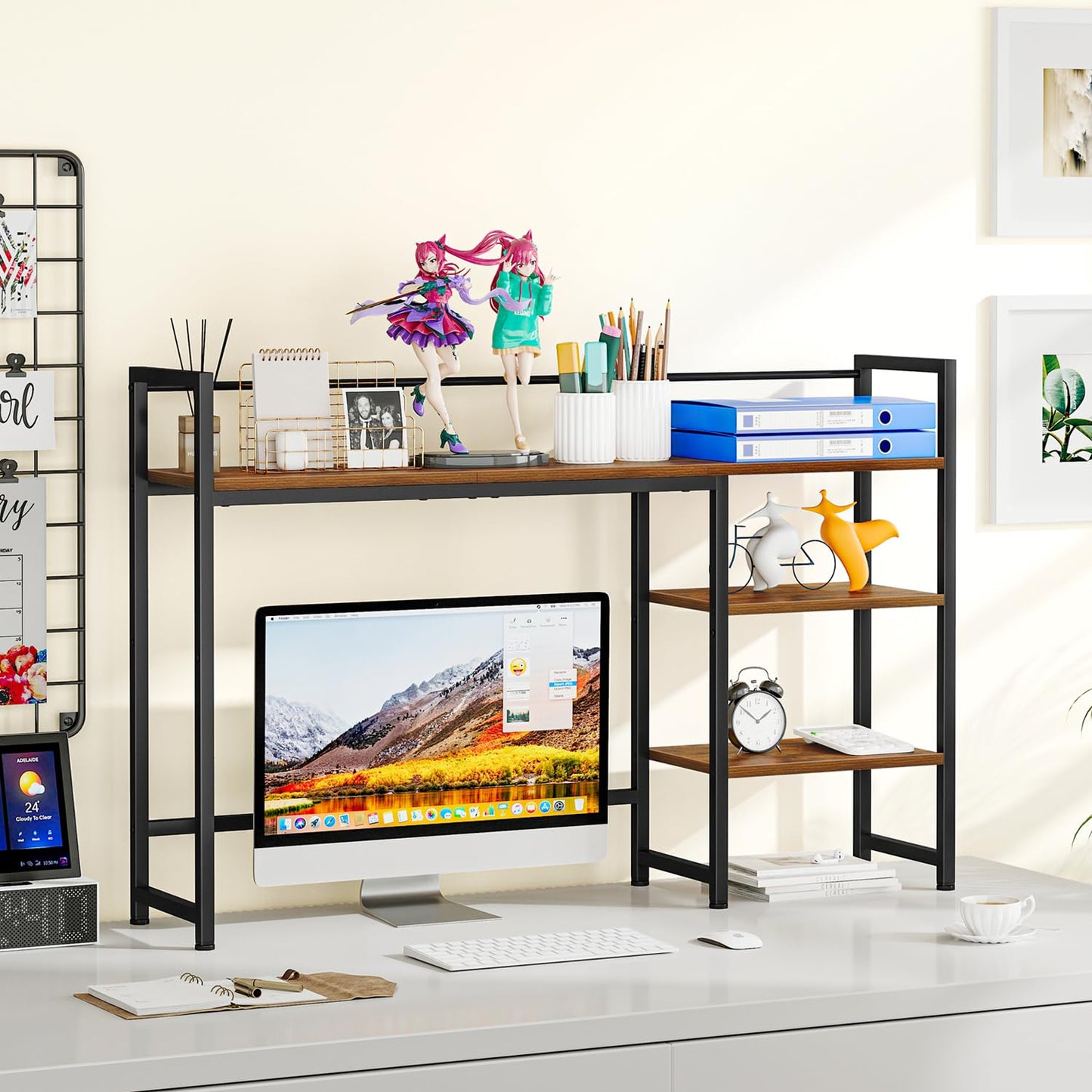 Snughome Desk Shelf, 44.9" Large Desktop Organizer Shelf, Desk Hutch for Computer Monitor, 4 Tier Desk Top Display Rack, Wood Desktop Bookshelf Storage Rack for Home Office Dorm