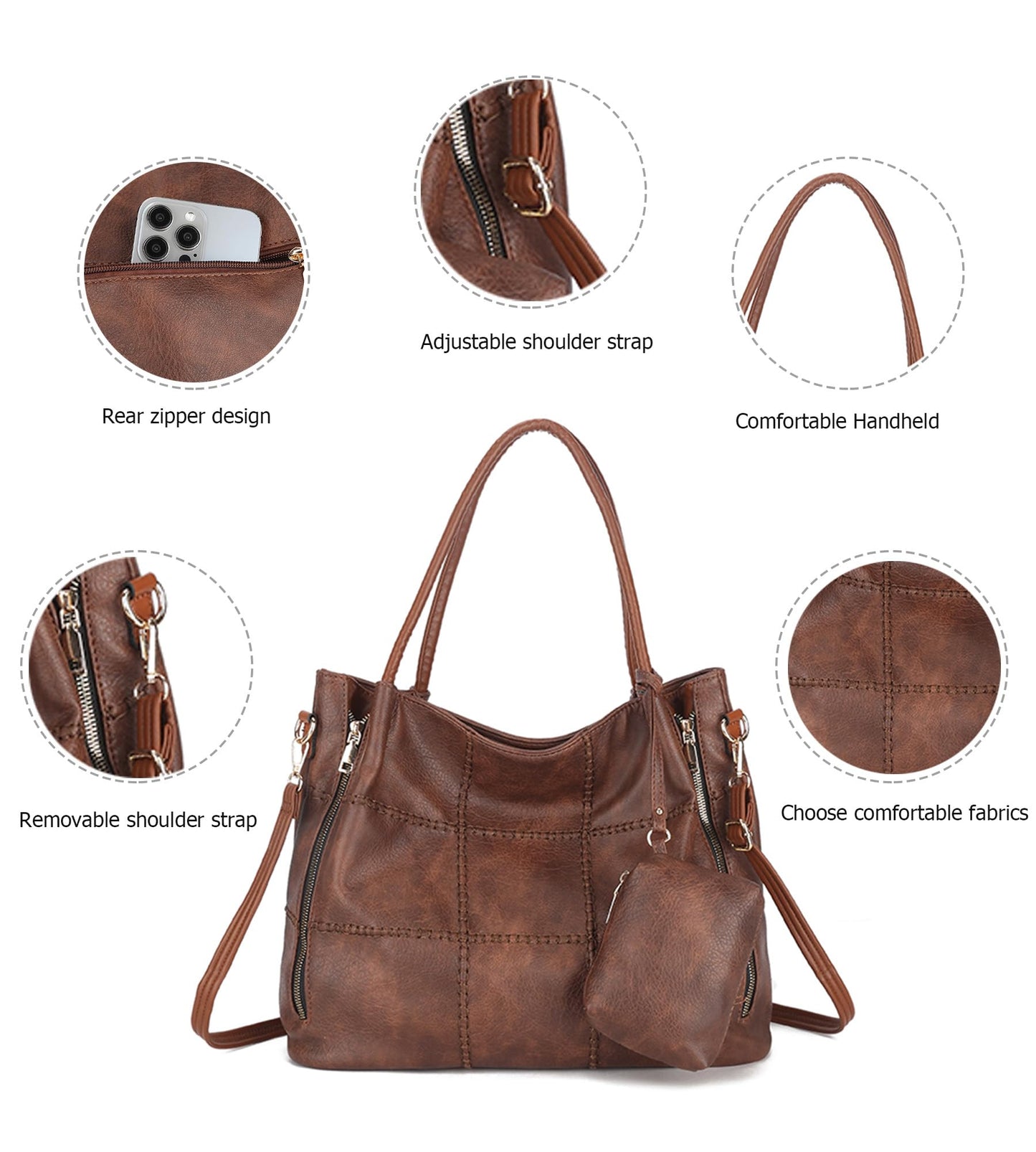 myfriday 2pcs Soft Faux Leather Tote Bag for Women Set, Slouchy Shoulder Handbag Vintage Top Handle Purse with Coin Purse (Grey)