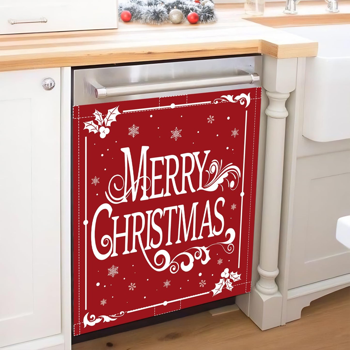 Christmas Dishwasher Magnet Cover 23x26in Merry Christmas Dishwasher Cover for Washers Fridge Panel, Snowflake Magnetic Covers for Kitchen, Machine Door Covers Decor, Red Christmas Kitchen Decor