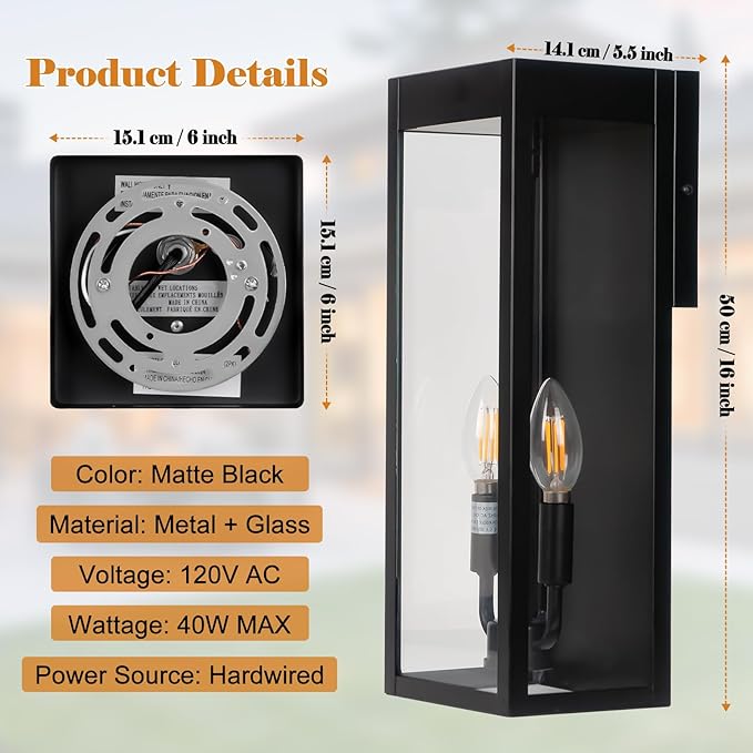 Outdoor Wall Lights 16 Inch Large, 2 Pack Black Modern Exterior Lighting Fixtures Wall Mounted with 2-Candle Light, Waterproof Outside Wall Sconces Coach Lamps Porch Lanterns for House E12
