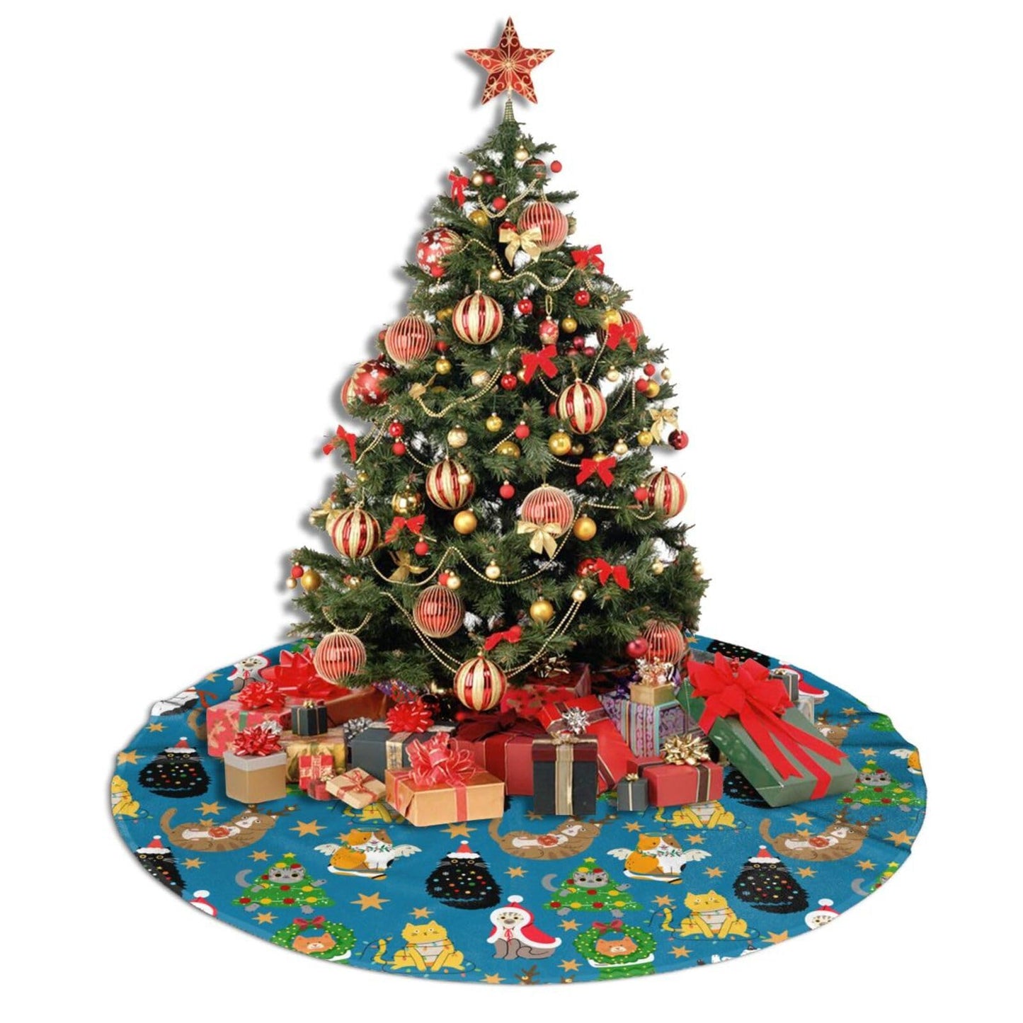 Cute Cats Christmas Tree Skirt, 48 inches Blue Kawaii Animal Tree Skirts Santa Xmas Mat Farmhouse Holiday Party New Year Supplies Ornaments Decorations for Mini Small Pencil Big Trees