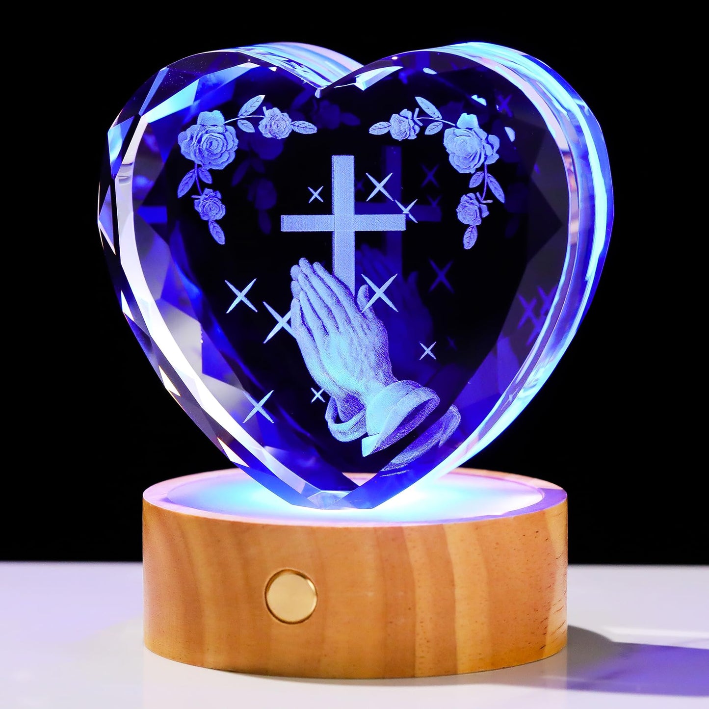 3D Cross with Praying Hands Crystal Heart Religious Gifts for Women Men - Glass Christian Gift Idea for Room with Wooden Light Base, Collectible Night Light for Catholic on Easter Home Decor