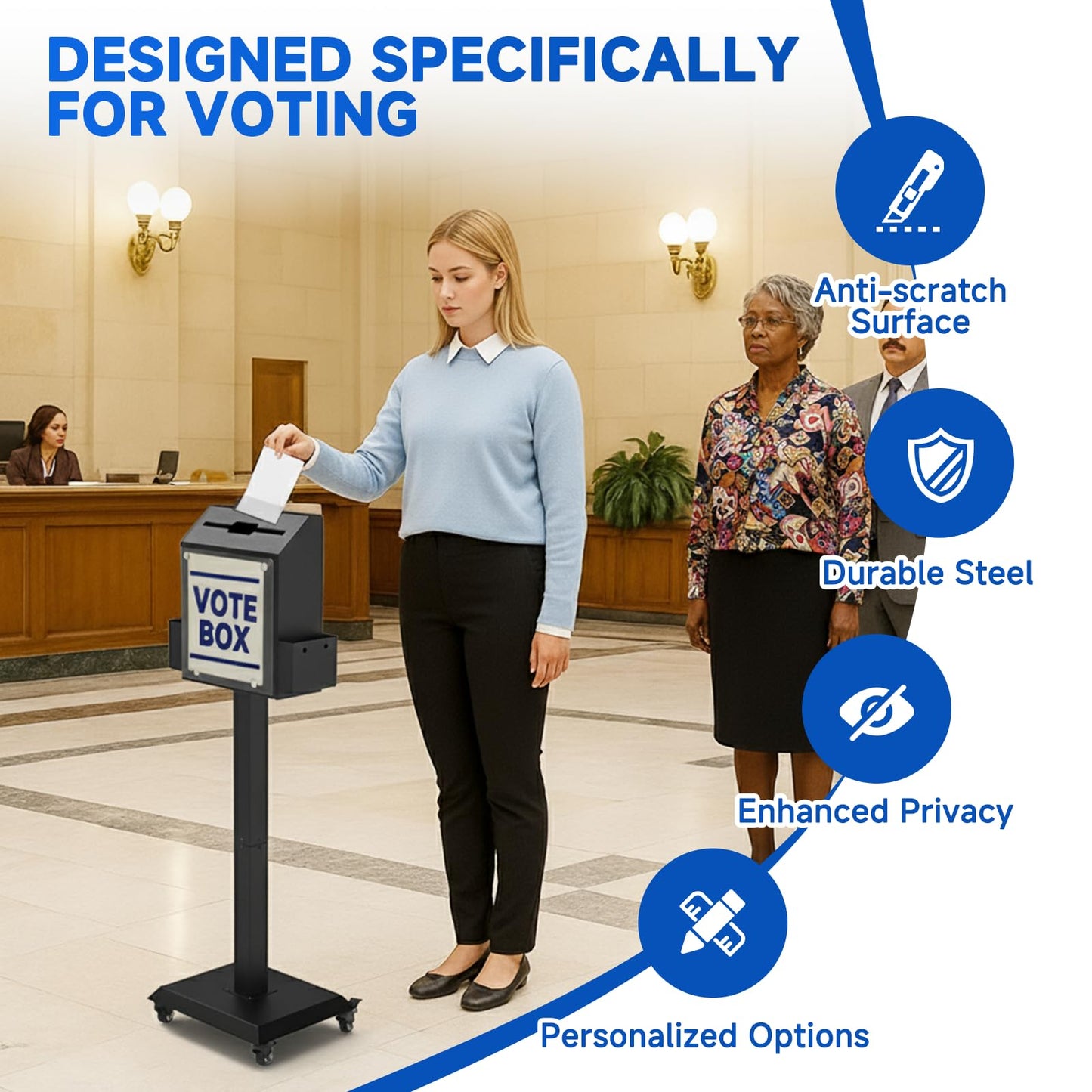 Freestanding Ballot Box Collection with Silent Caster Wheels: Secure and Versatile for Office, Charity, and Events – Includes Lock and Large Slot, Functions as Donation, Suggestion, and Offering Box.