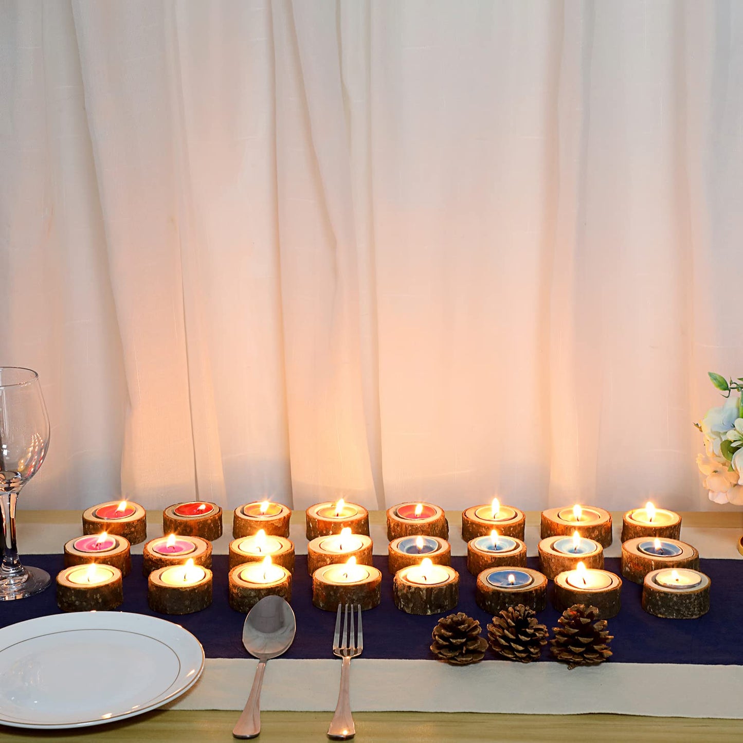 OwnMy Set of 24 Wooden Tea Light Candle Holders Votive Candle Holders, Rustic Wooden Pillar Candle Stands Vintage Wooden Tealight Holders Set Candle Centerpieces for Dining Table Wedding Party, 1" H