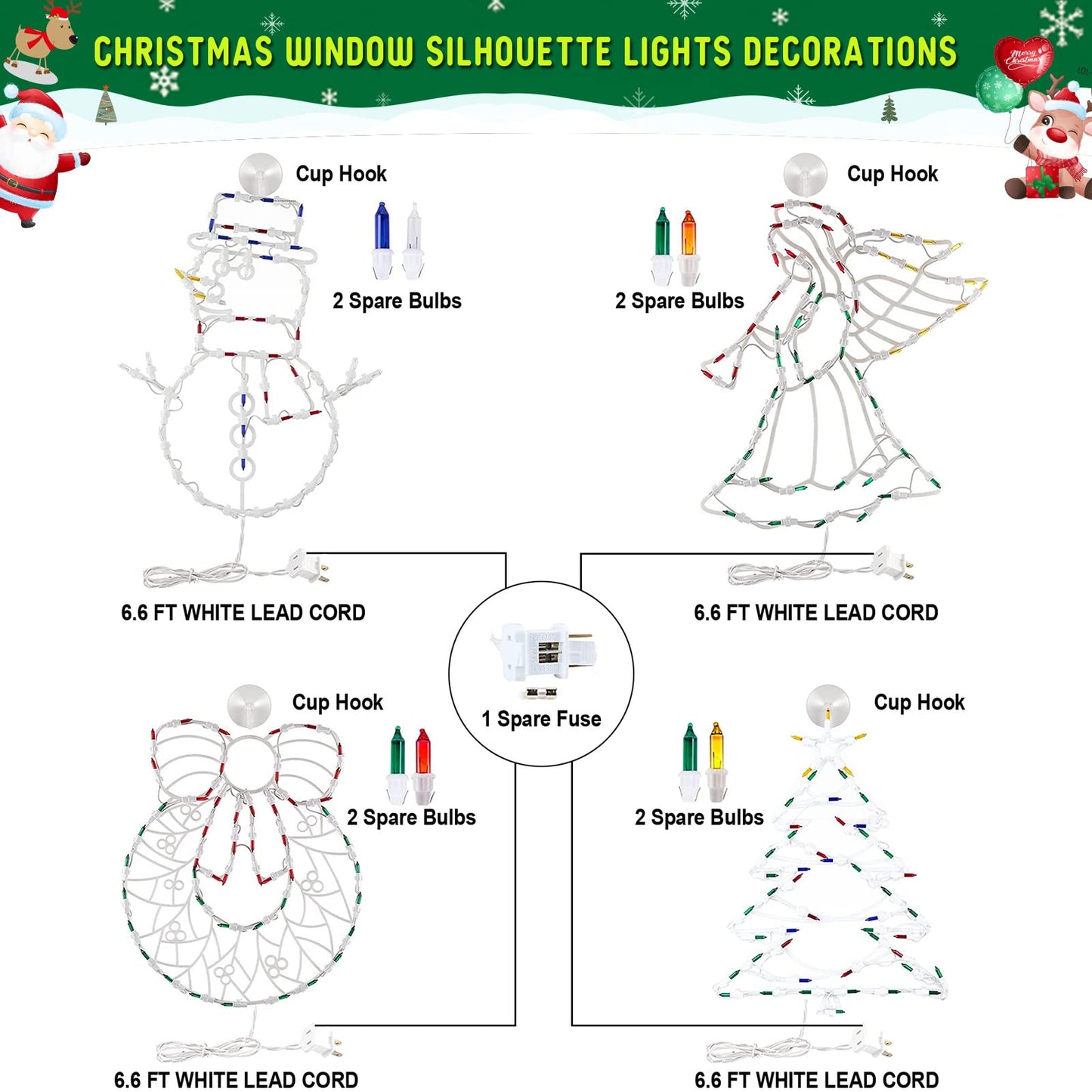 Christmas Window Silhouette Lights Decorations Pack of 4 Lighted Snowman, Trumpeting Angel, Wreath, Christmas Tree Christmas Window Lights with 50 Bulbs for Holiday Indoor Wall Door Glass Decorations