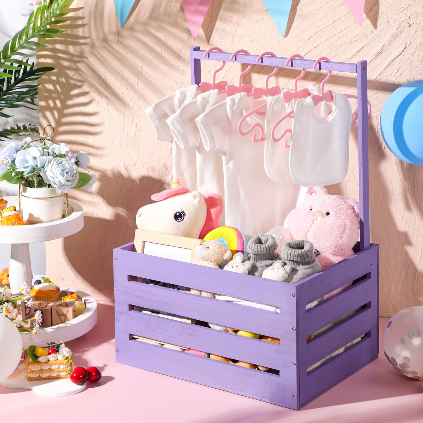 Suzile Wooden Baby Shower Crate Closet Wood Basket for Gifts with Handle Boy Girl Clothes Gender Reveal Storage Box for Newborn New Parent(Purple)