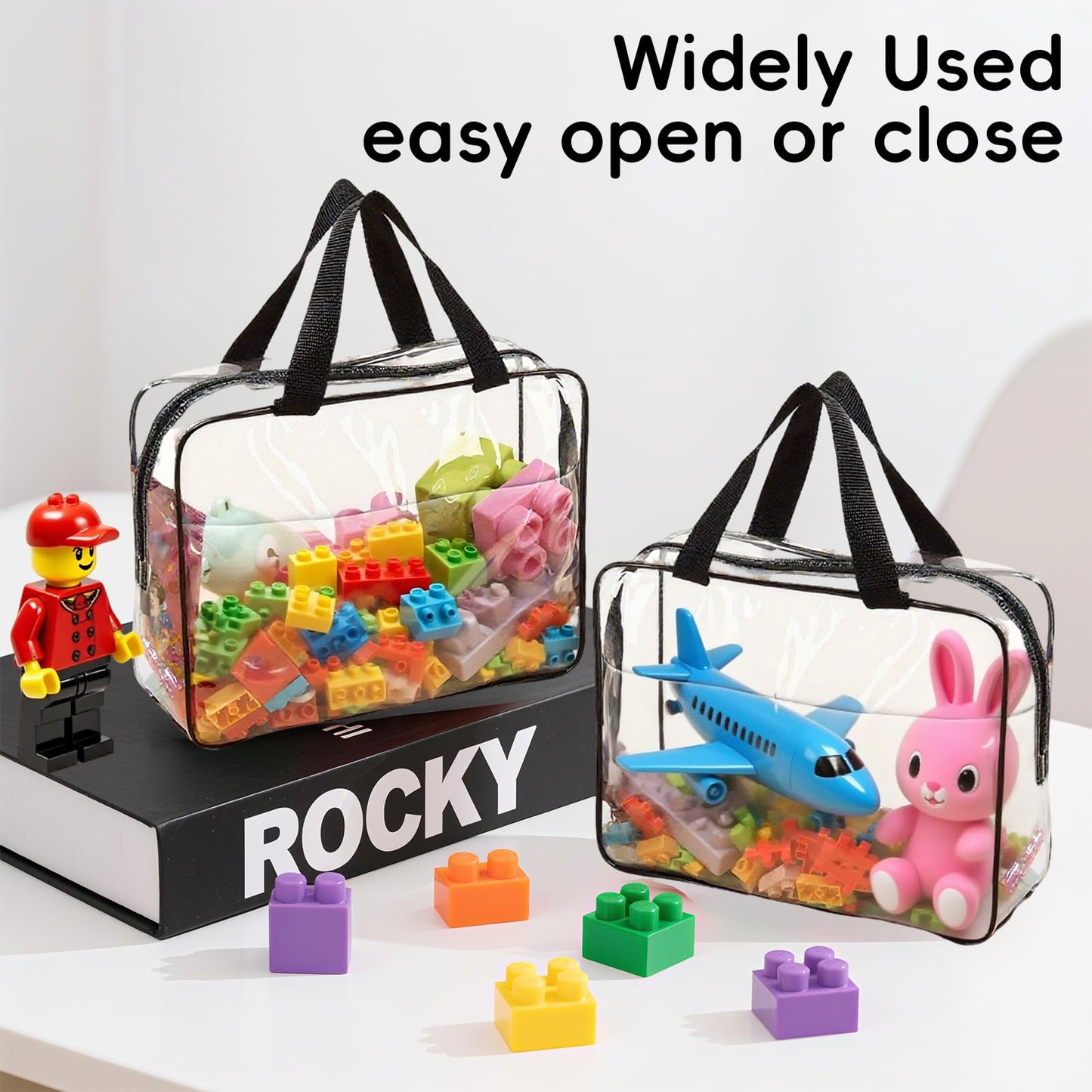 Dismok 6 Pcs Storage Bags with Zipper - Large Board Game Storage with Labels, Clear & Waterproof Toy Organizer for Building Blocks, Puzzles (Black)