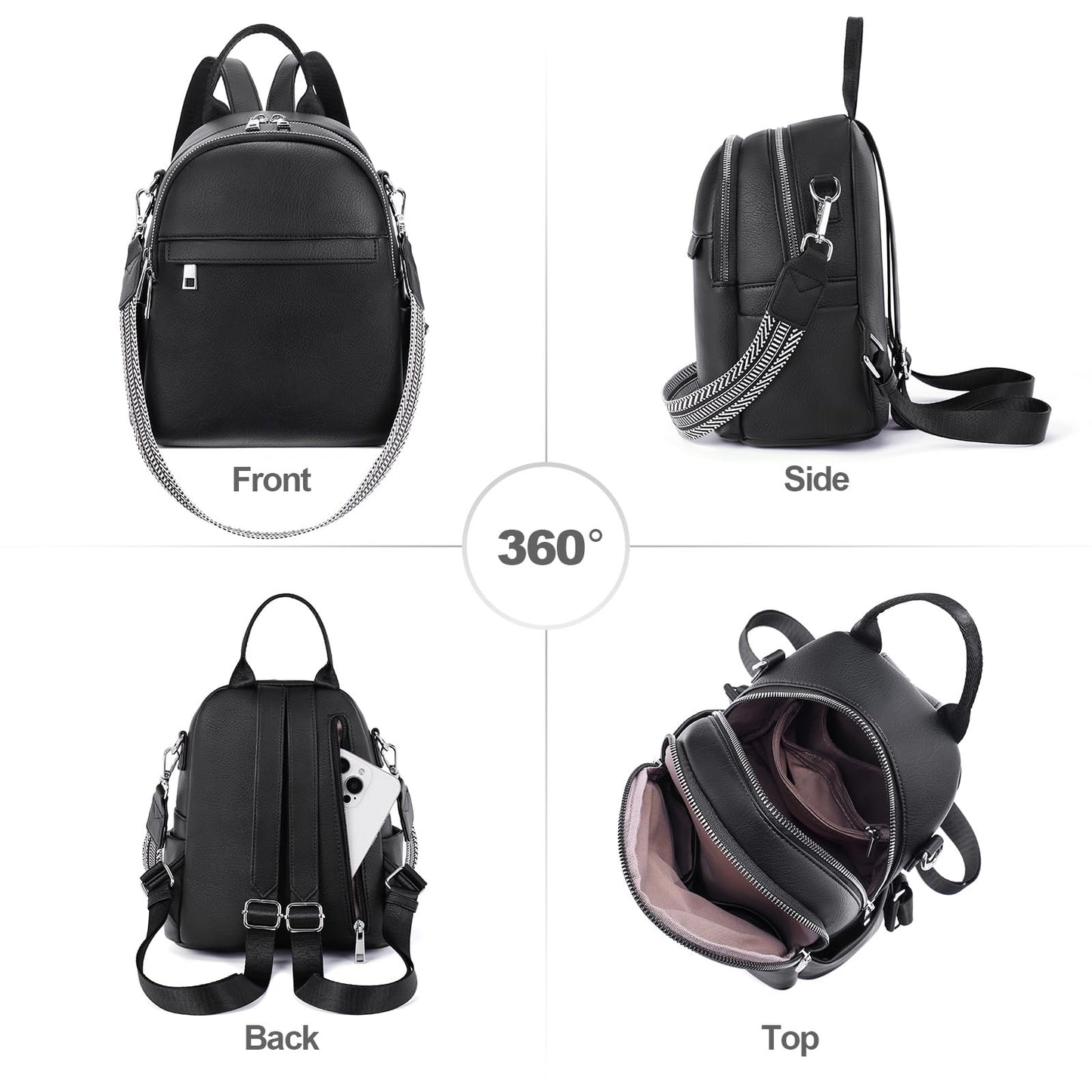 Lexiyat Small Backpack Purse for Women Leather Mini Convertible Designer Backpack Travel Shoulder Fashion Bag Black