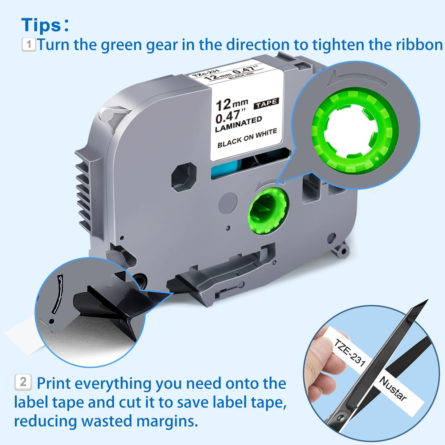 5-Pack TZe-231 Compatible with P Touch Label Maker Tape for TZe TZ Tape 12mm 0.47 Laminated White Refill Use with Ptouch PT-D220 D210 H110 D600 D410 D610BT,1/2 Inch x 26.3 ft
