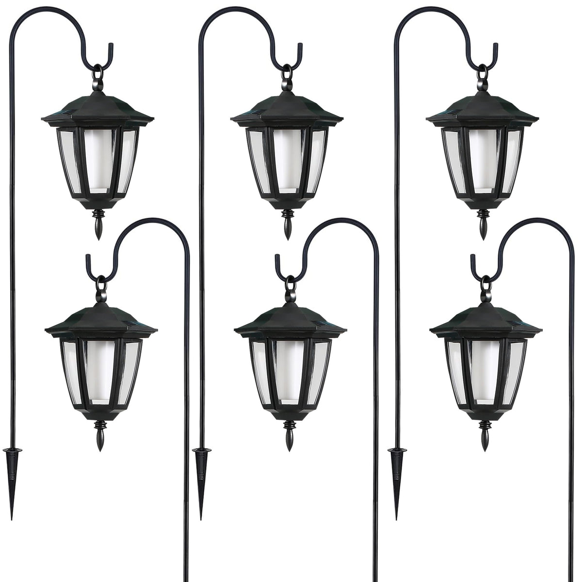 Dynaming 6 Pack Solar Flame Hanging Lights Outdoor, Halloween Solar Flickering Flame LED Garden Lanterns with 6 x 38 Inch Shepherd Hooks, Christmas Lighting for Lawn Patio Yard Pathway Driveway