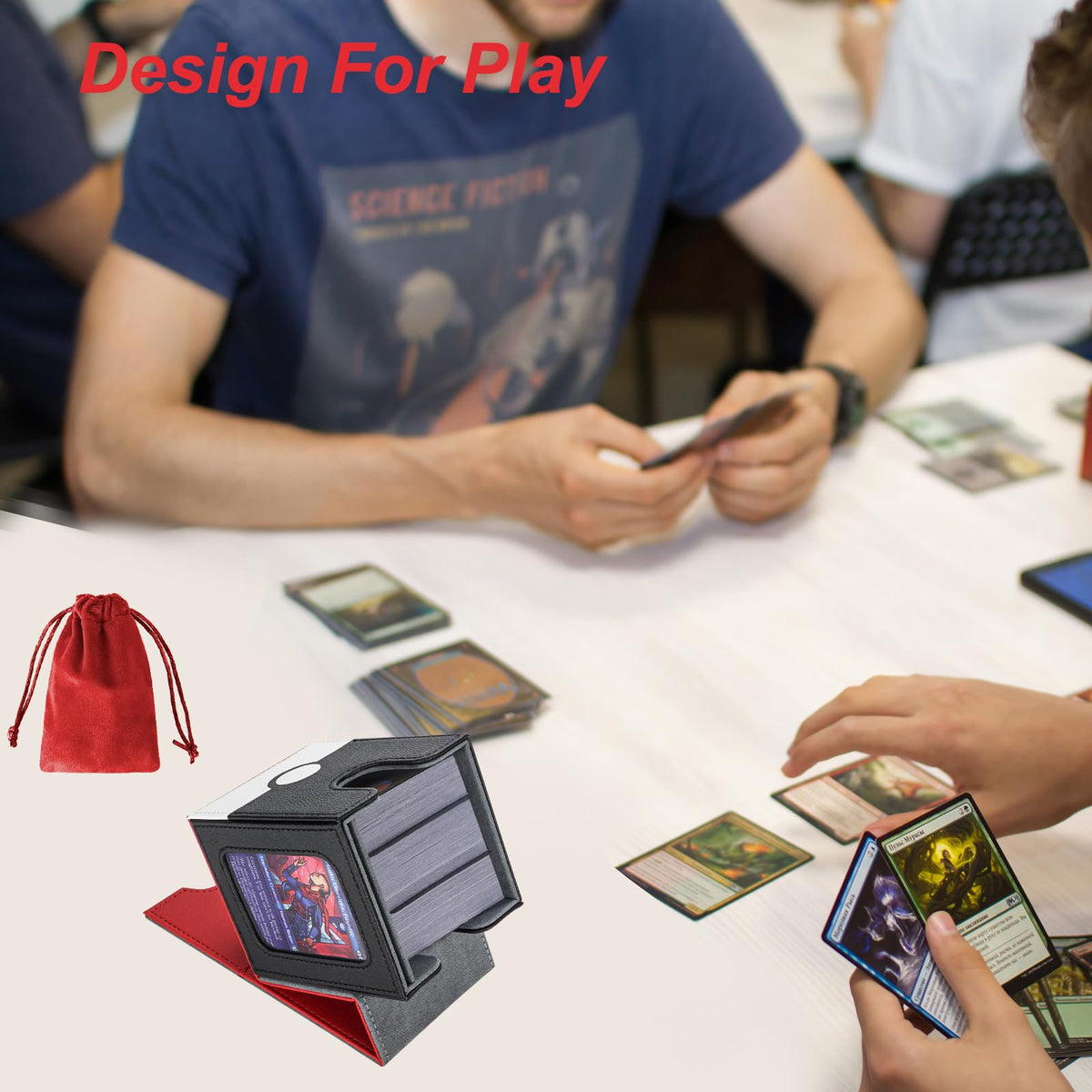 AFIING MTG Deck Box for Commander Display,Card Deck Case Fits 100 Double Sleeved Cards, Magic Commander TCG Card Storage Box with 2 Dividers,Dice Bag and 1 Toploader(Red Black)