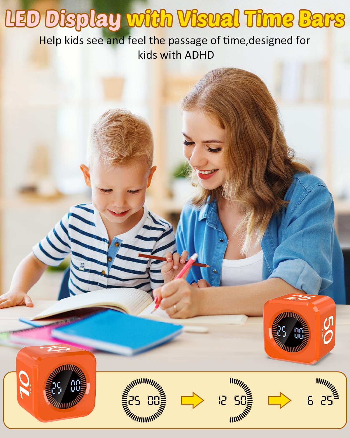 COWVTUJ Digital Pomodoro Timer Cube 5/10/25/50min, Visual Productivity Flip Timer for Kids Classroom Desk, Custom Countdown, Silent and Sound Mode for ADHD Study Work Game Kitchen (Orange)