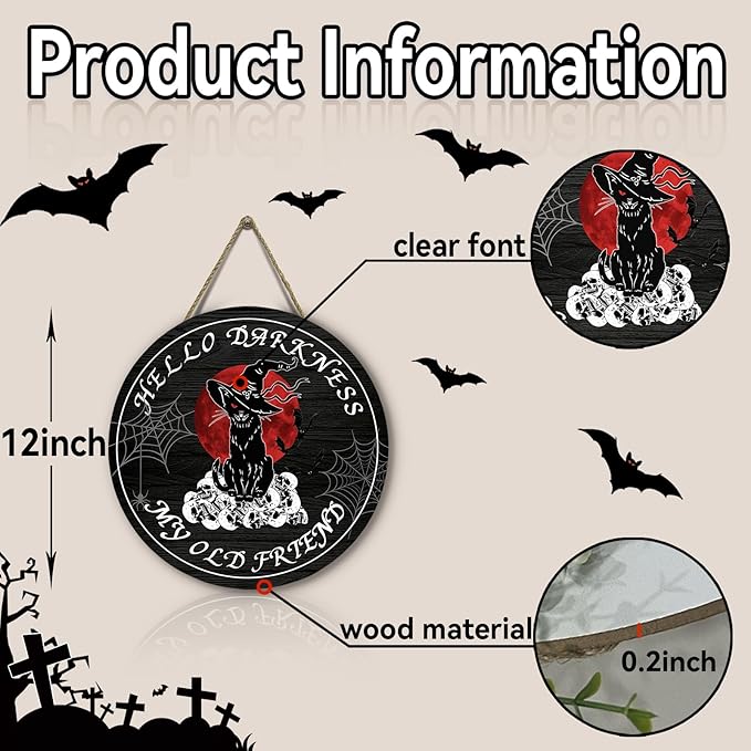 Halloween Black Cat Front Door Signs Hello Darkness My Old Friend Wooden Door Sign Skull Spiderweb Bat Wall Hangers Halloween Door Hanging Decorations for Home Door Porch