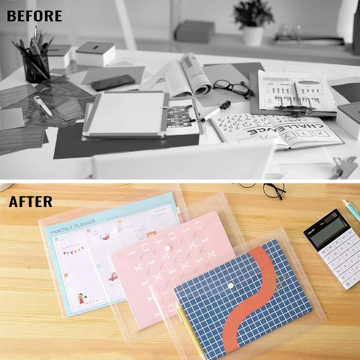 EOOUT 50pcs Plastic Envelopes with Button Snap Closure, Clear Poly Folders for Documents, Waterproof Plastic File Folder, Letter Size, A4 Size, for School and Office Supplies