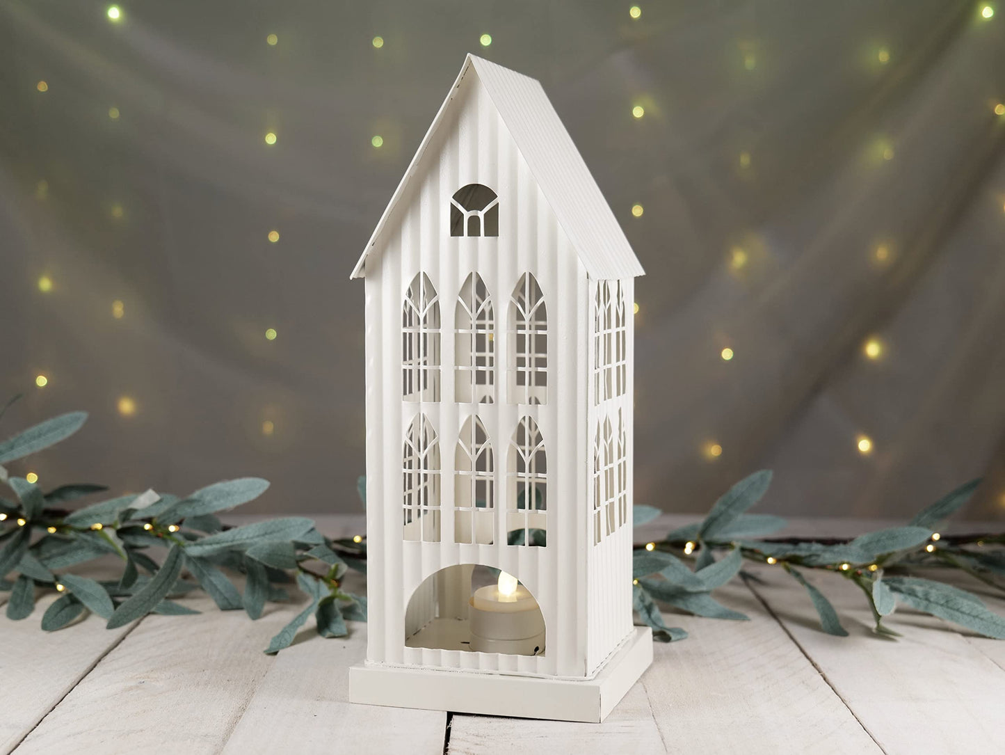 Orchid & Ivy 12.5-Inch Tall Rustic White Galvanized Metal Decorative Tin House Candle Holder Country Farmhouse Tabletop Mantel Shelf Tea Light Lantern Indoor Outdoor Home Decor