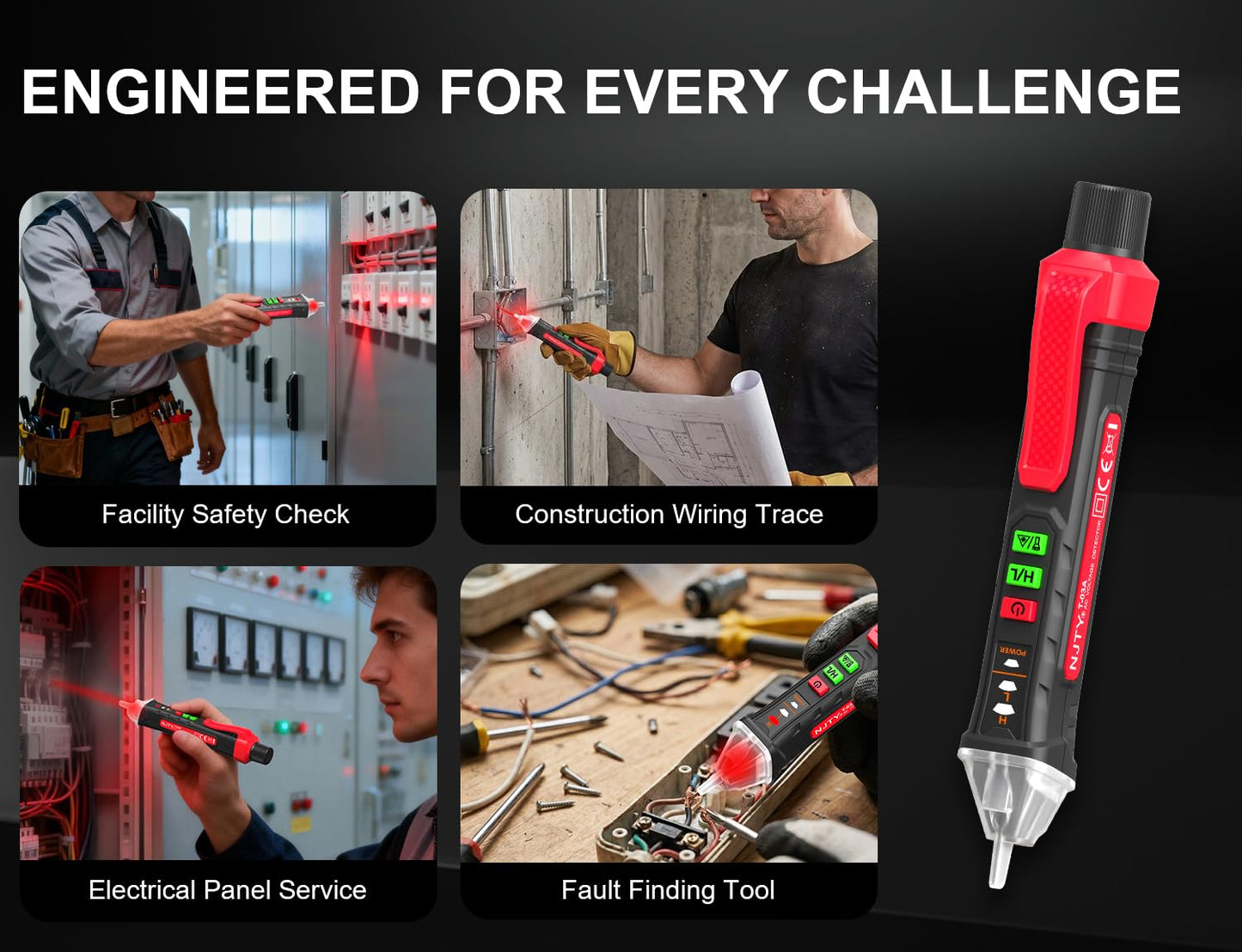 NJTY Non-Contact Voltage Tester with Laser Guide, 12V-1000V Dual Range Electrical Tester Pen, Professional AC Circuit Detector with LED Flashlight, Sound and Light Alarm (Batteries Included)