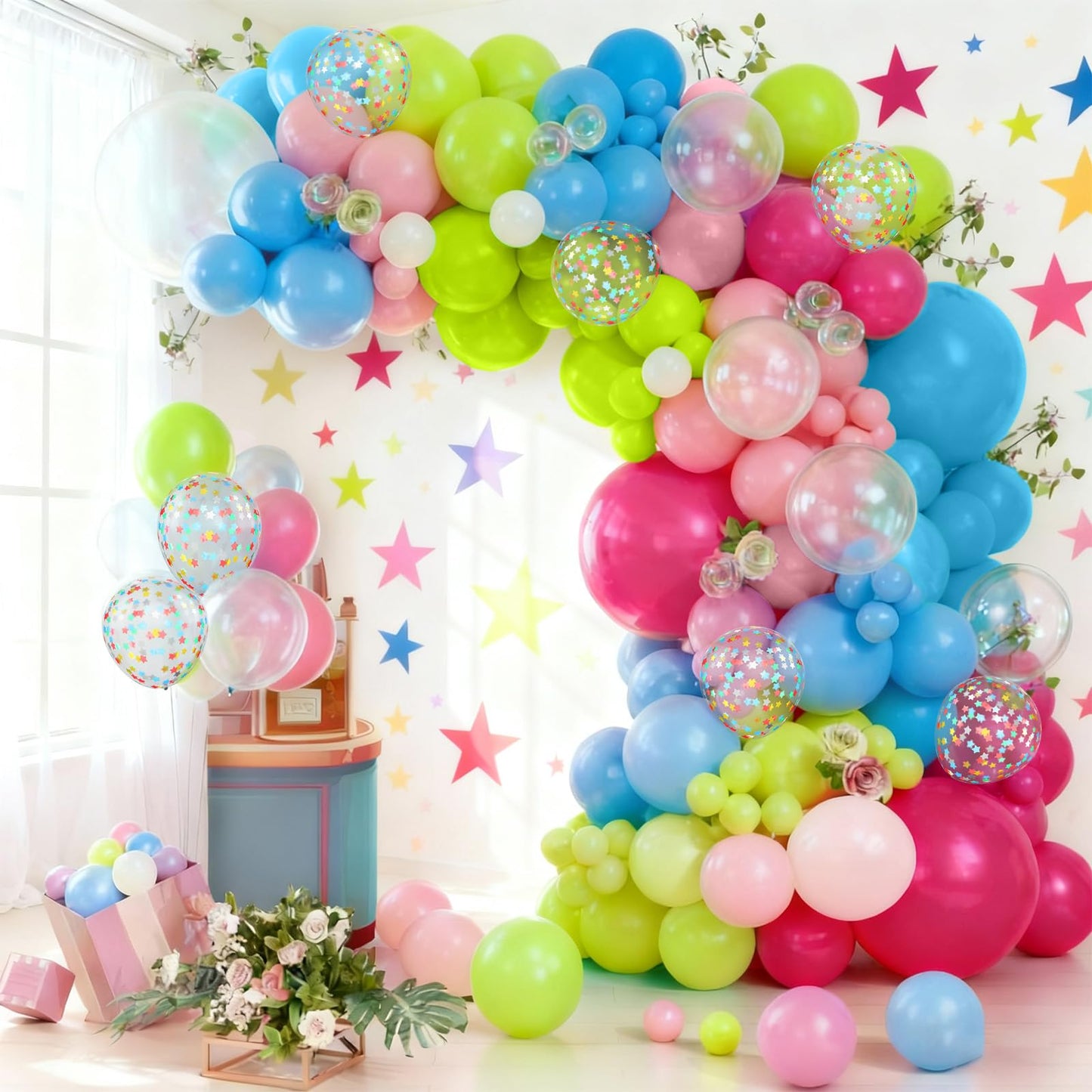 Christmas Balloon Garland Arch Kit, 121Pcs Pastel Green Pink Teal Blue Red Sand Tie Dye Balloons with Large Cane Candy Windmill Star Foil Balloon for Xmas Merry Christmas Party New Year Decorations