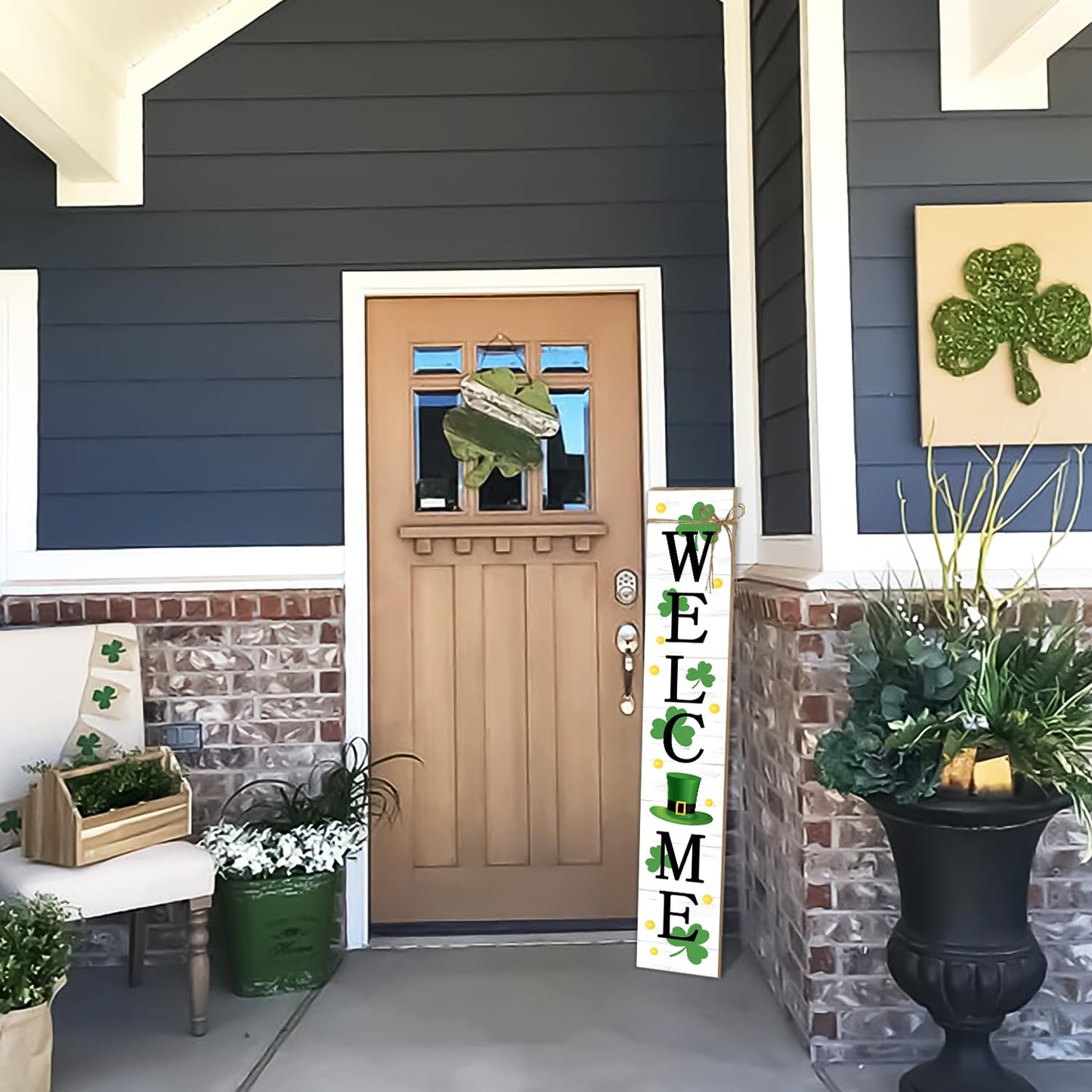 St. Patrick's Day Wooden Porch Sign 47" Spring Large Welcome Porch Sign for Home Front Door Yard Clover Party Decor (Green)
